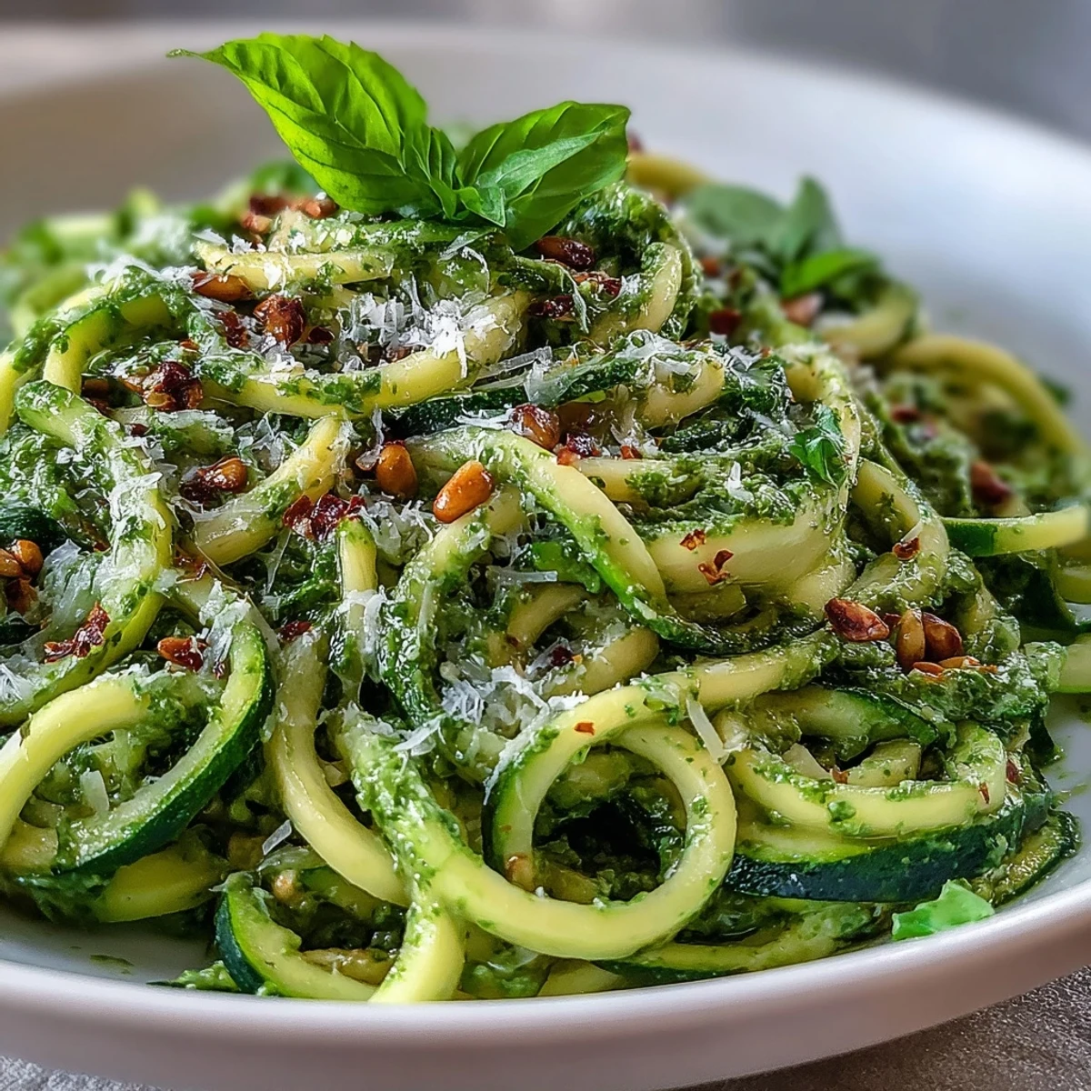 Zucchini Noodles with Pesto tossed in a skillet, vibrant green spirals lightly sautéed and ready to serve for a low-carb vegetarian meal.