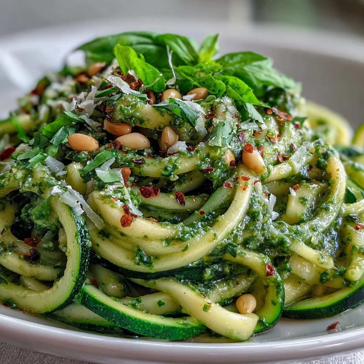 Homemade basil pesto blended in a food processor next to spiralized Zucchini Noodles with Pesto, showing fresh ingredients for an Italian-inspired dish.