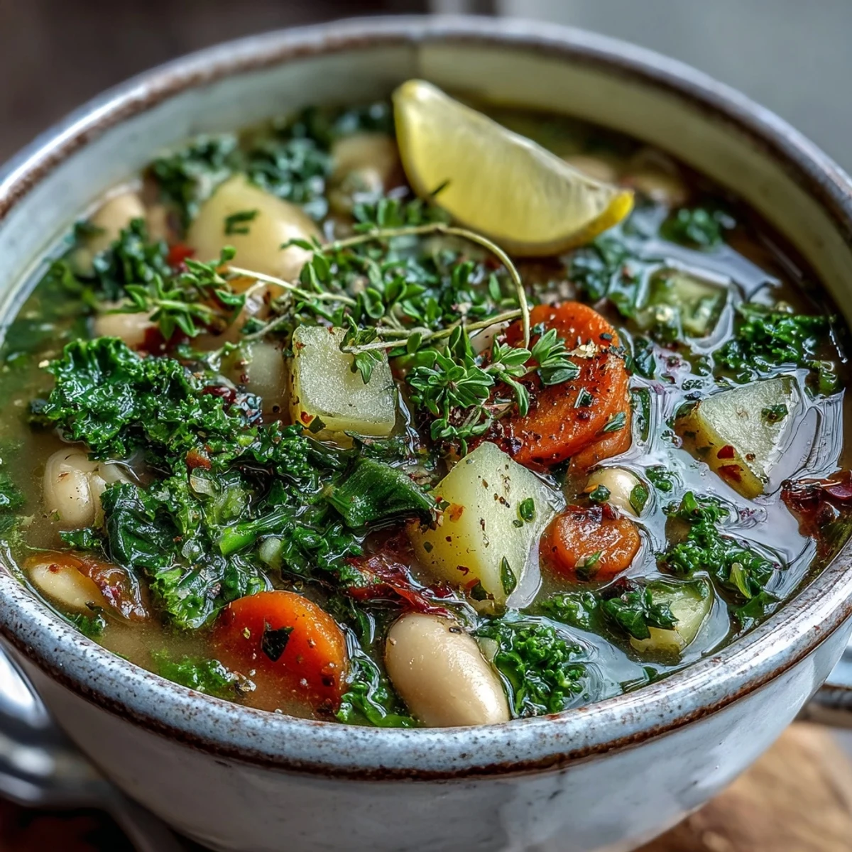 Close-up of a steaming bowl of Kale Soup, featuring tender kale leaves, diced carrots, potatoes, and creamy white beans swimming in a golden vegetable broth. 