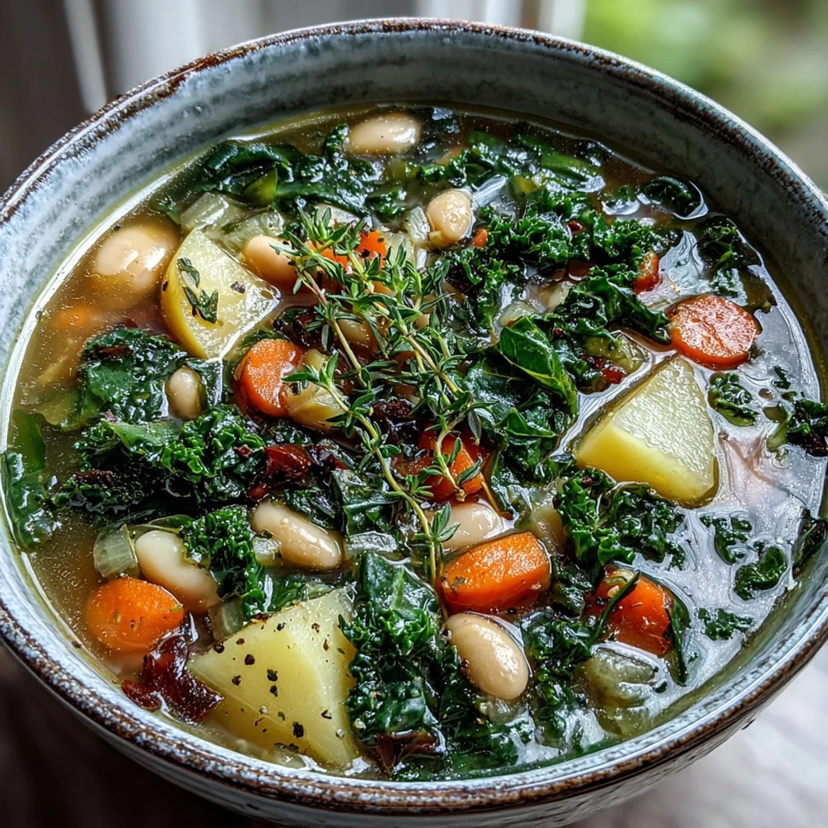 A rustic ladle pours a hearty serving of Kale Soup from a large pot, revealing chunks of root vegetables and bright green kale leaves. 