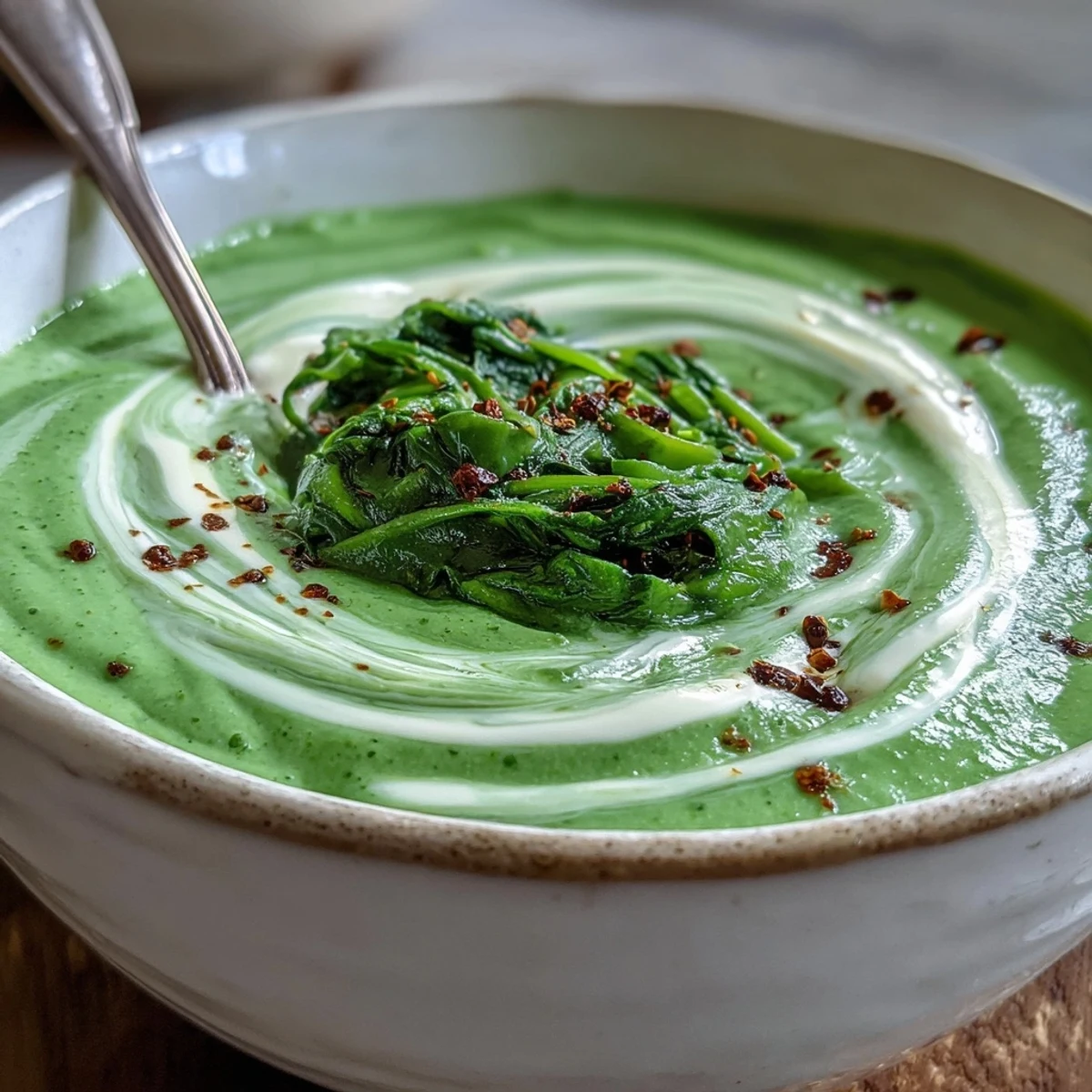 Freshly blended spinach soup with tender greens and aromatic onion, ready to ladle into white ceramic bowls.