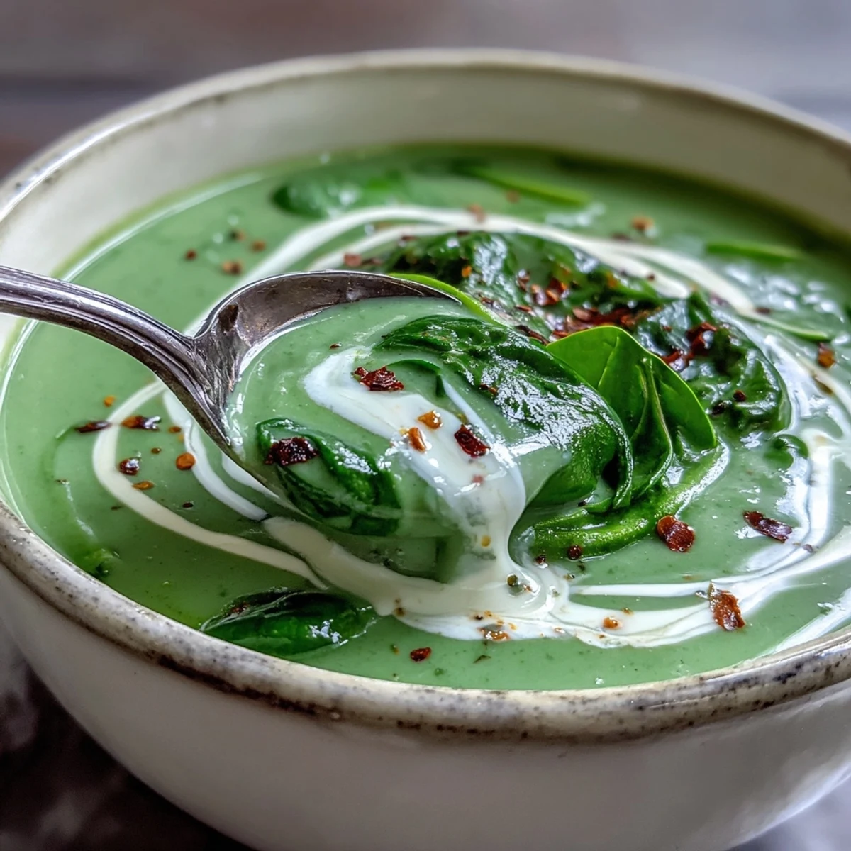 Velvety spinach soup garnished with black pepper, paired with crusty bread on a marble counter for serving.