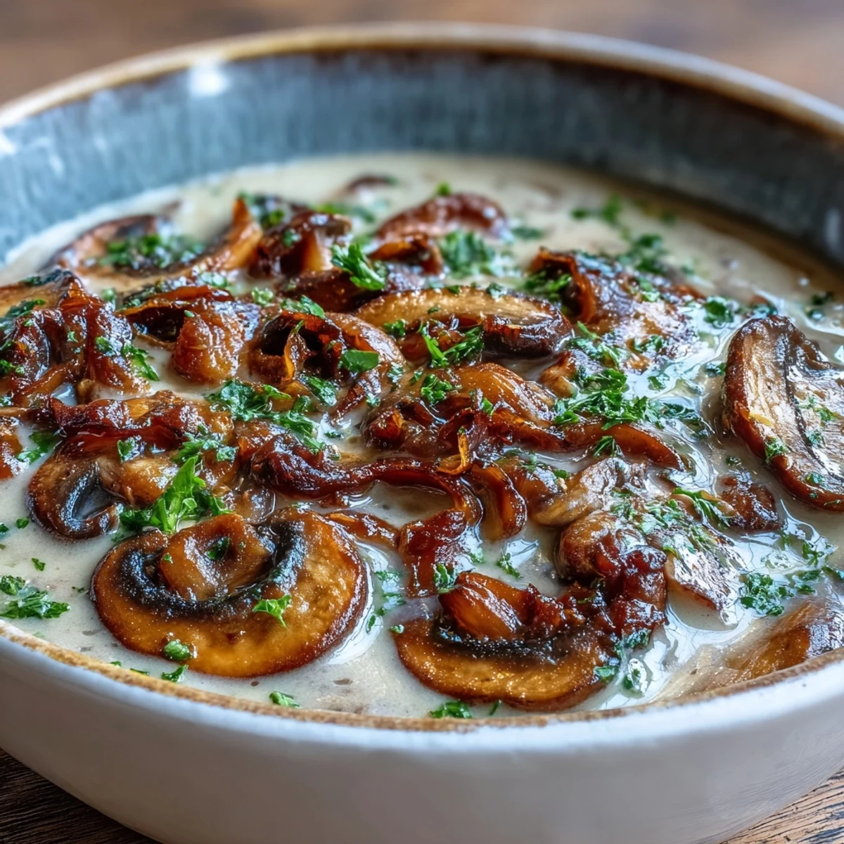 Silky homemade Mushroom Soup in a white bowl, garnished with fresh parsley and cracked black pepper, steaming on a rustic table.