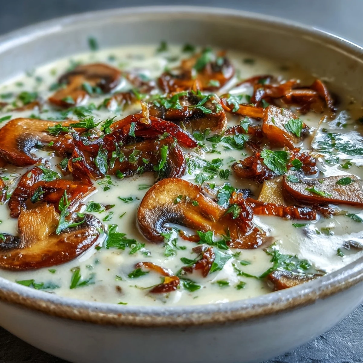 Hearty Mushroom Soup simmering in a pot with a bay leaf, showing a thick texture enriched with cream and earthy mushrooms.