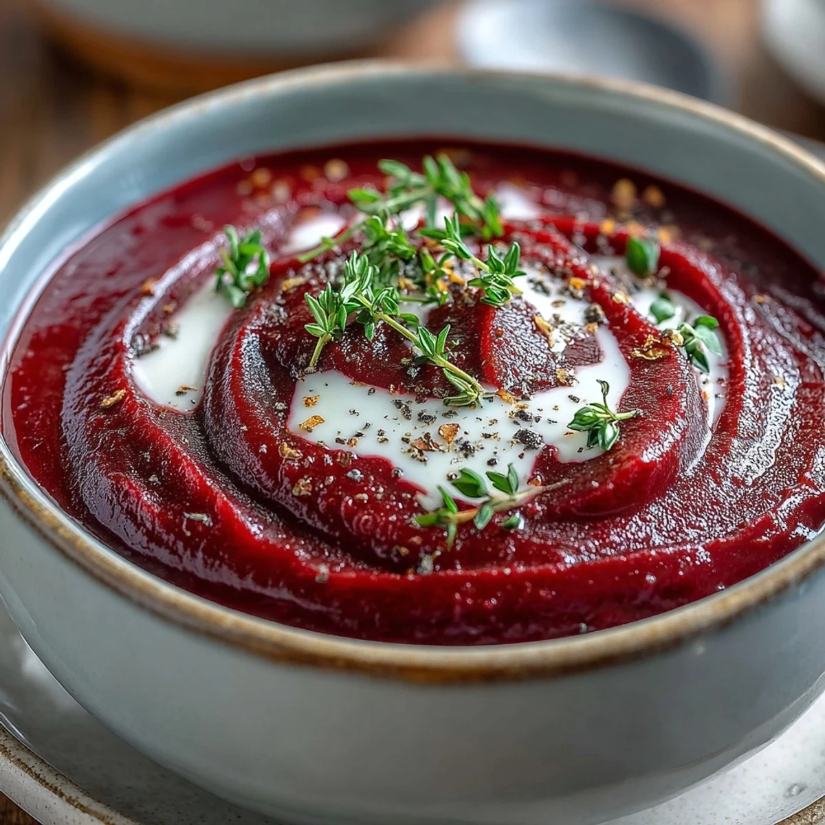 Creamy Roasted Beet Soup in a white bowl, garnished with fresh thyme and a swirl of heavy cream.