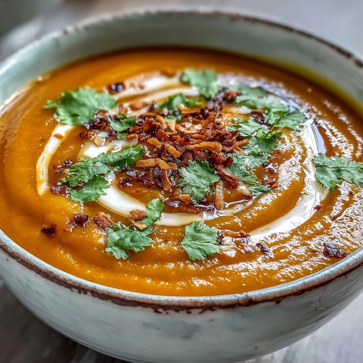 Steaming bowls of Carrot and Coconut Soup garnished with cilantro and toasted coconut.