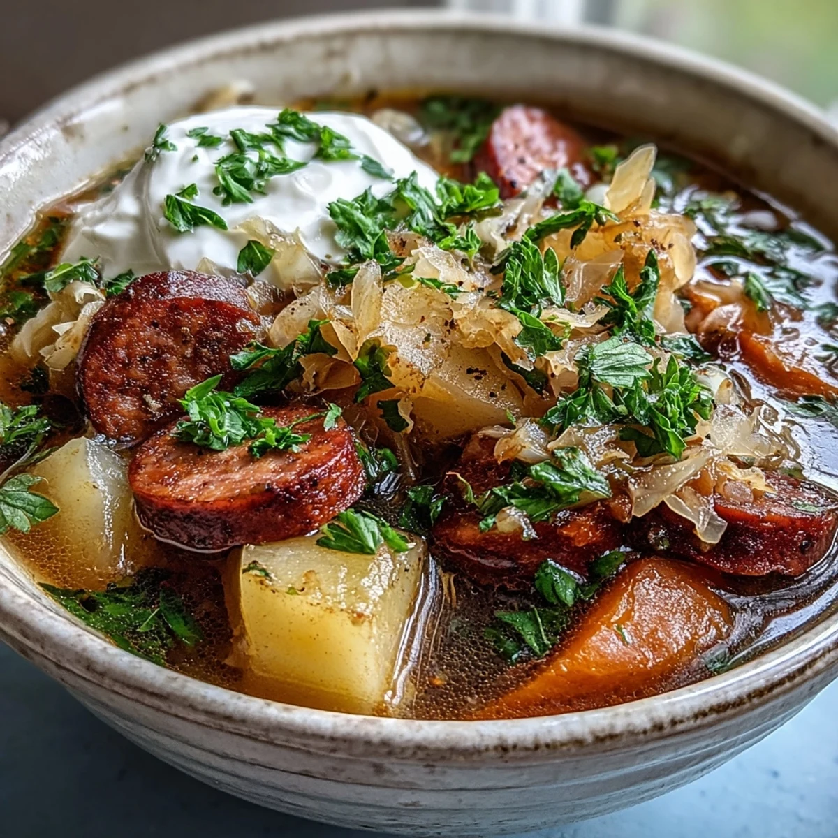 Steaming bowls of tangy Sauerkraut Soup garnished with parsley and sour cream.