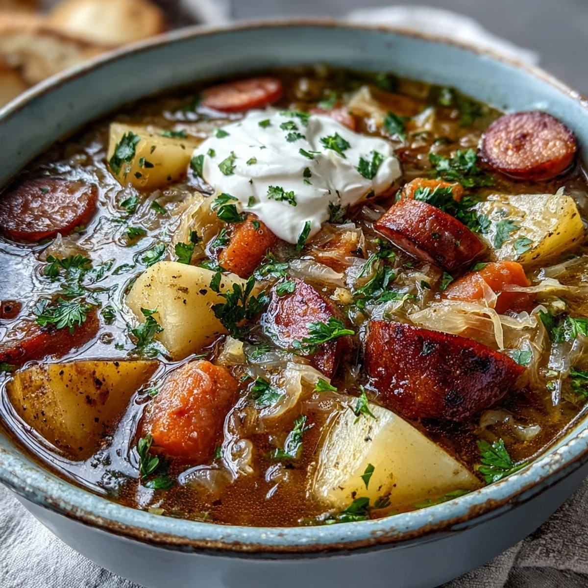 Hearty Sauerkraut Soup simmering in a pot with smoked sausage and fresh vegetables.