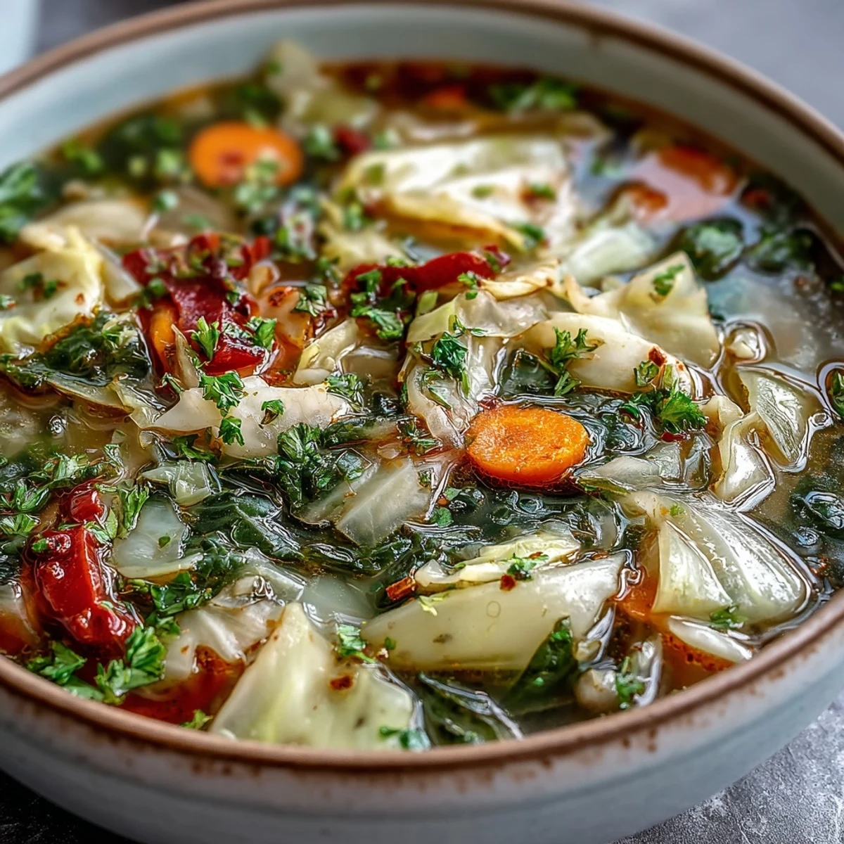 Hearty vegetable cabbage soup simmering with carrots, celery, and tomatoes in a large pot.