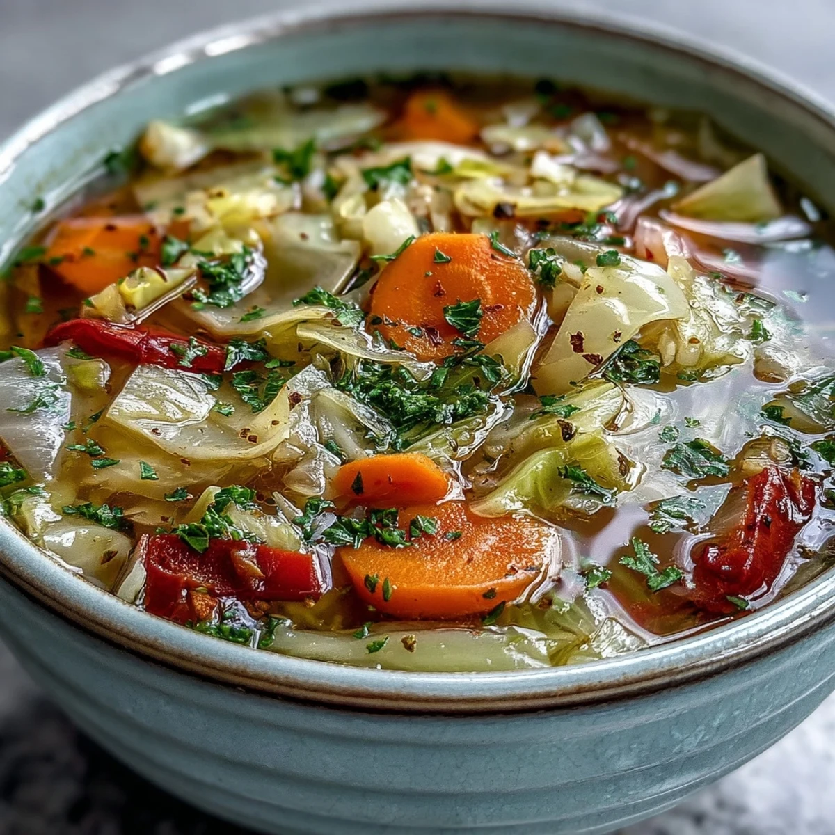 Freshly chopped green cabbage adds crisp texture and vibrant color to this savory soup.