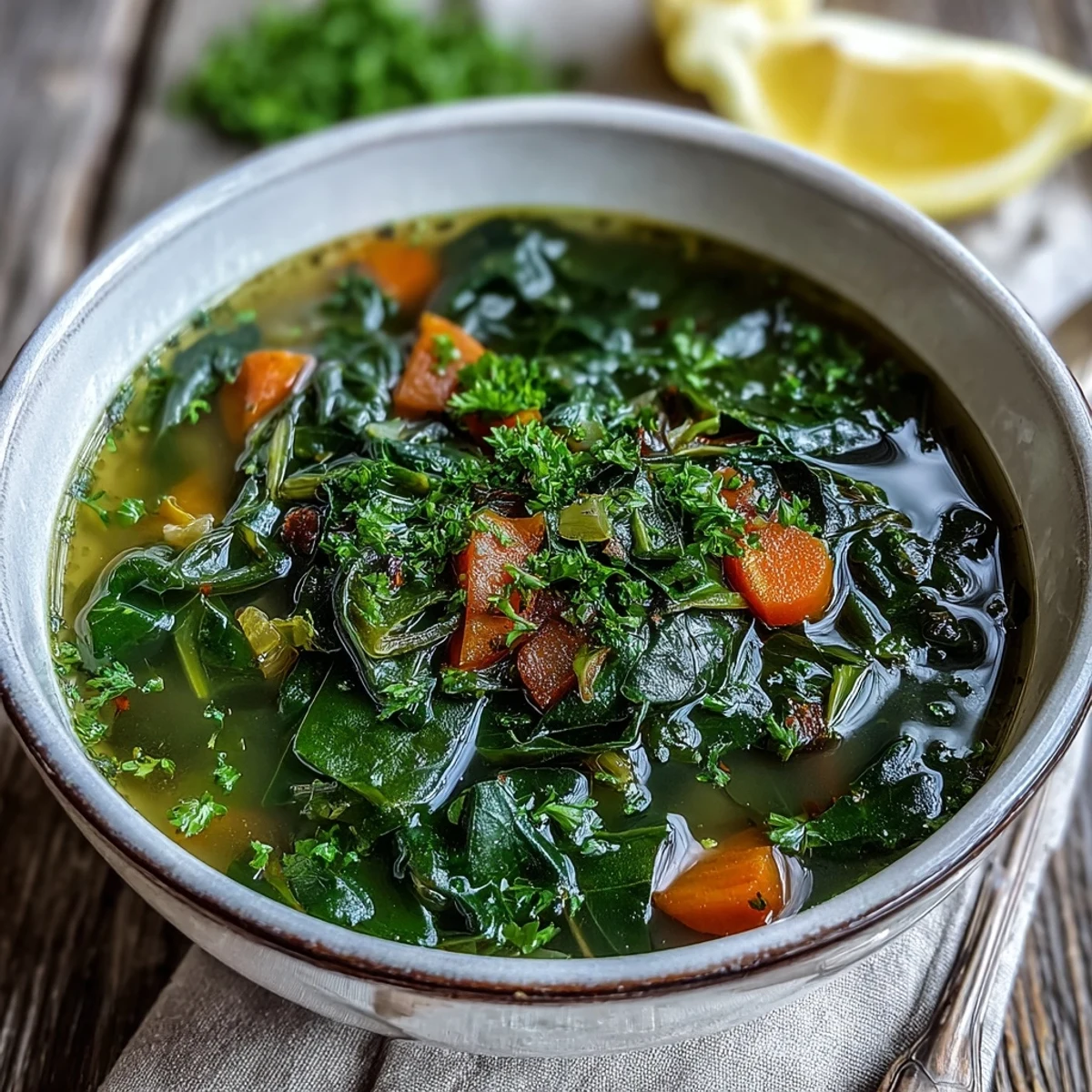 Steaming bowl of Swiss Chard Soup garnished with fresh parsley and lemon, served beside crusty bread for a wholesome meal.