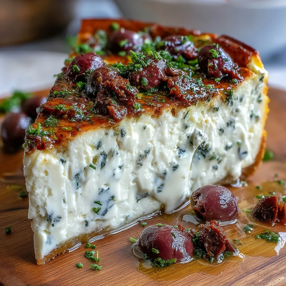 A plated slice of savory Kalamata cheesecake appetizer reveals creamy filling with herbs, served alongside crispy crackers on a marble countertop.