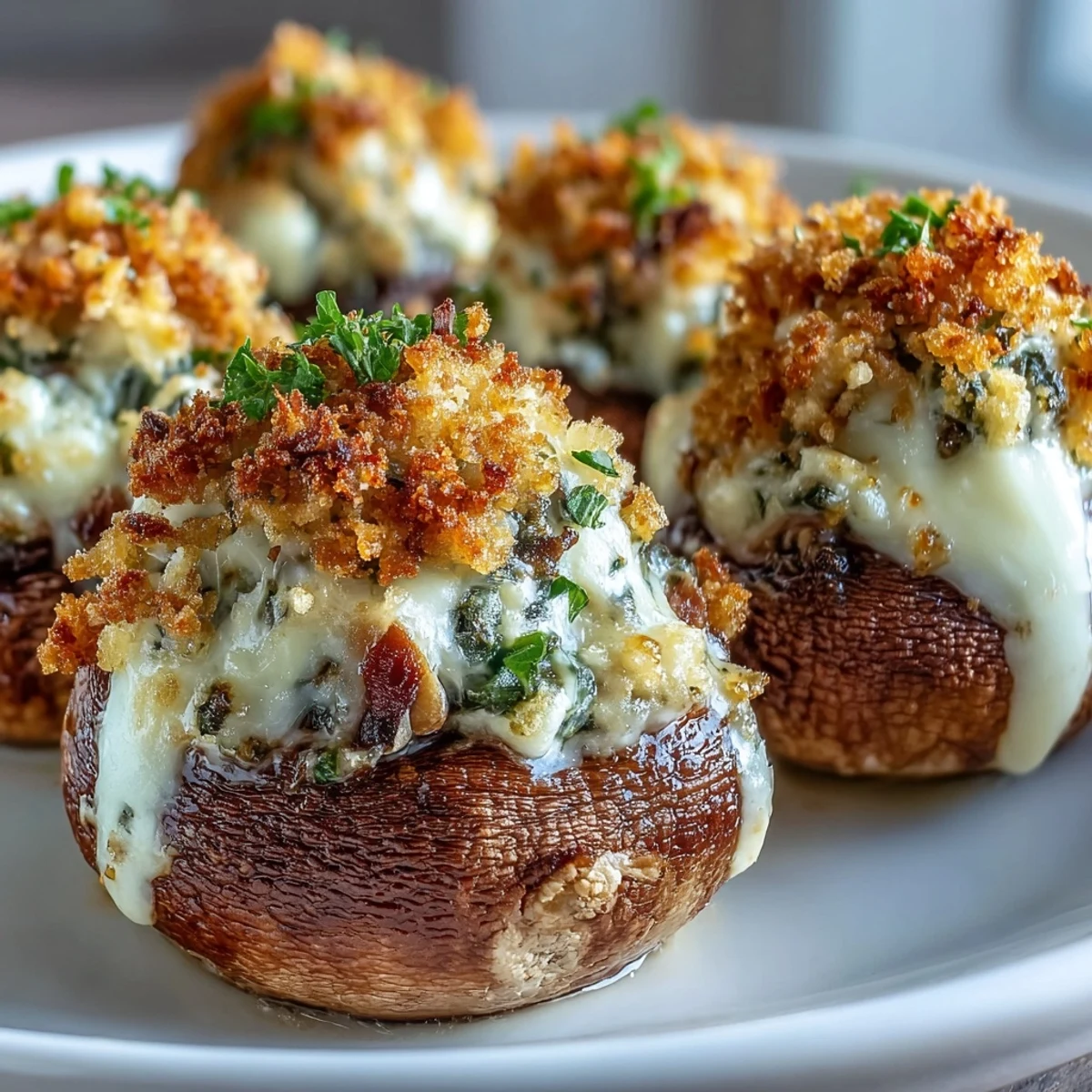 Golden-brown Stuffed Asiago-Basil Mushrooms with melted cheese and fresh herbs on a rustic wooden board.