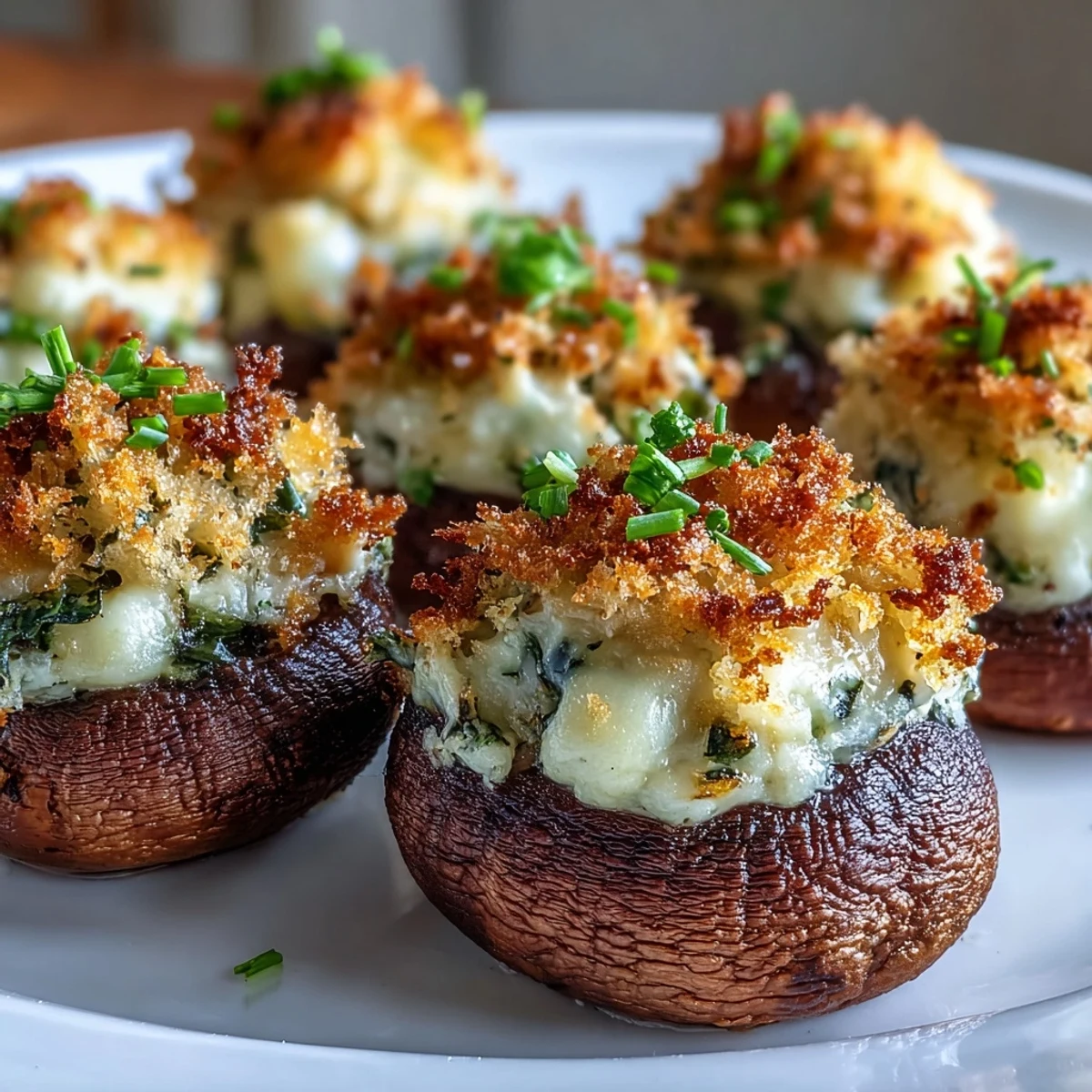Close-up of savory Stuffed Asiago-Basil Mushrooms showing creamy filling in cremini caps on a dark plate.
