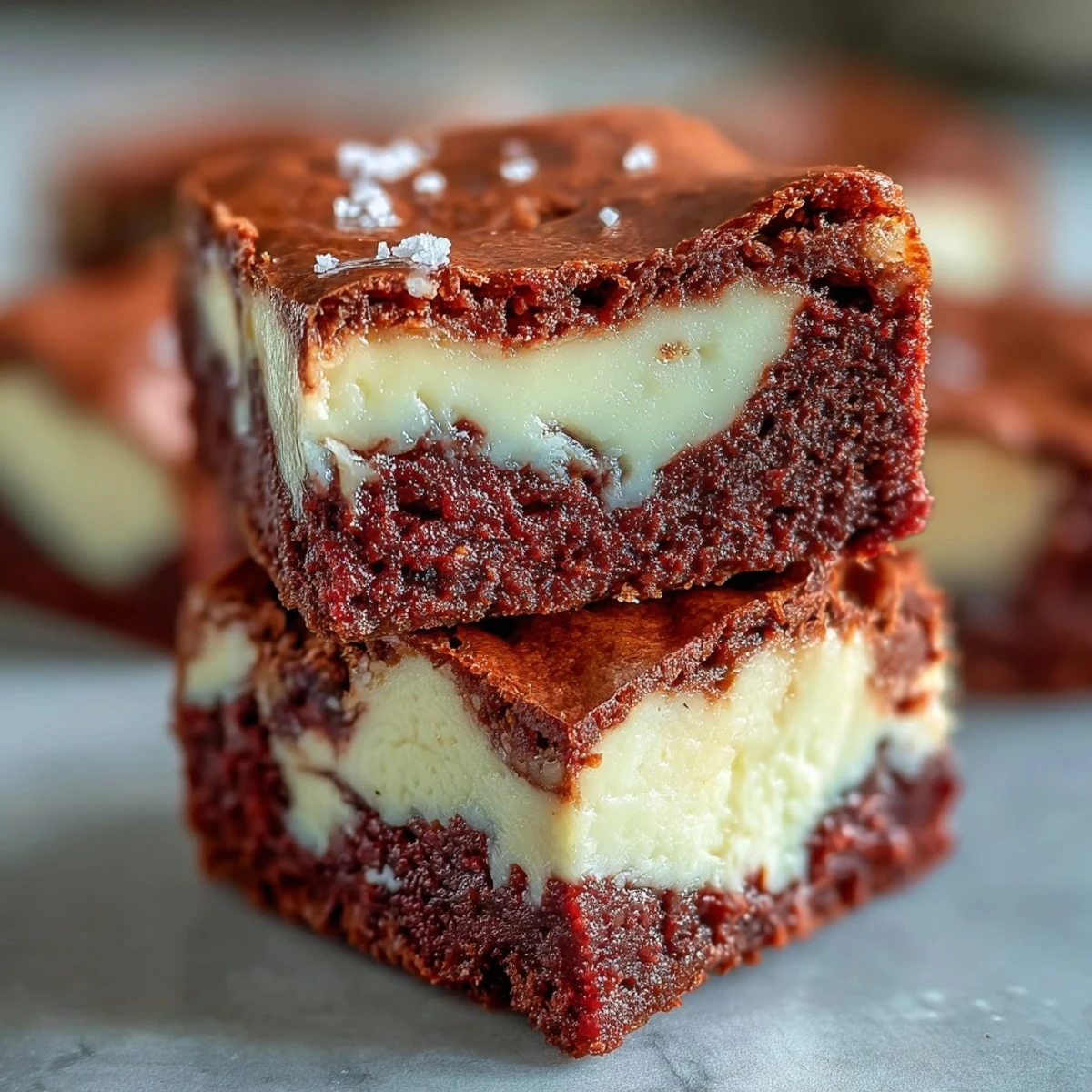 Fudgy Red Velvet Cheesecake Brownies with a rich, marbled red and white swirl topped on a cooling wire rack. 
