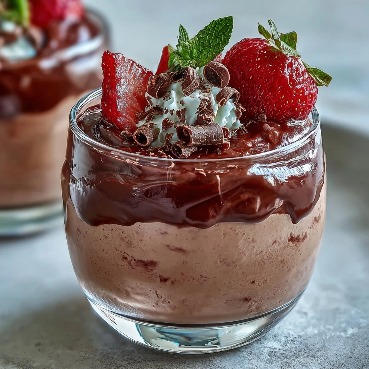 Garnished Chocolate-Covered Strawberry Mousse in glass with shaved chocolate.