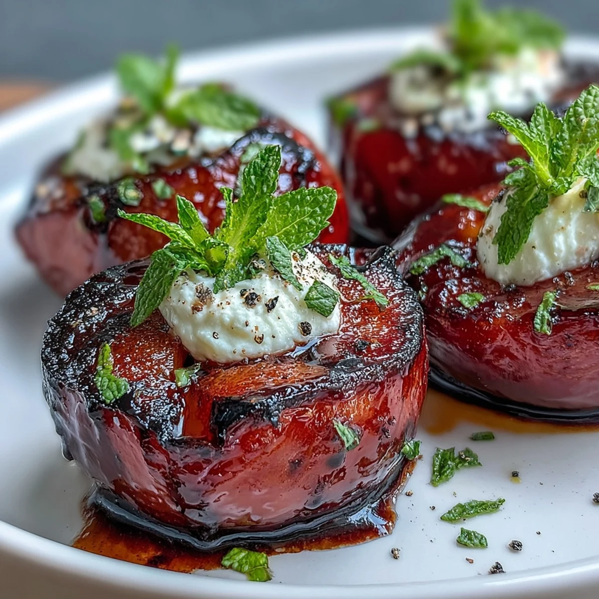 Golden grilled plums with creamy goat cheese and balsamic glaze drizzled on a serving platter.