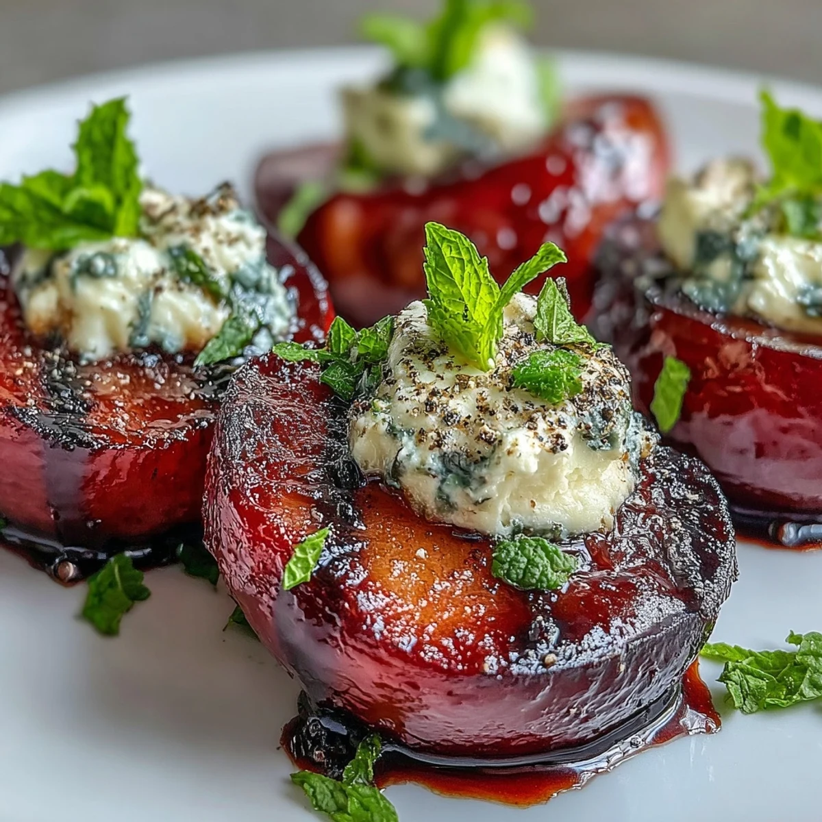 Close-up of warm grilled plums with balsamic glaze and goat cheese, ready to serve.