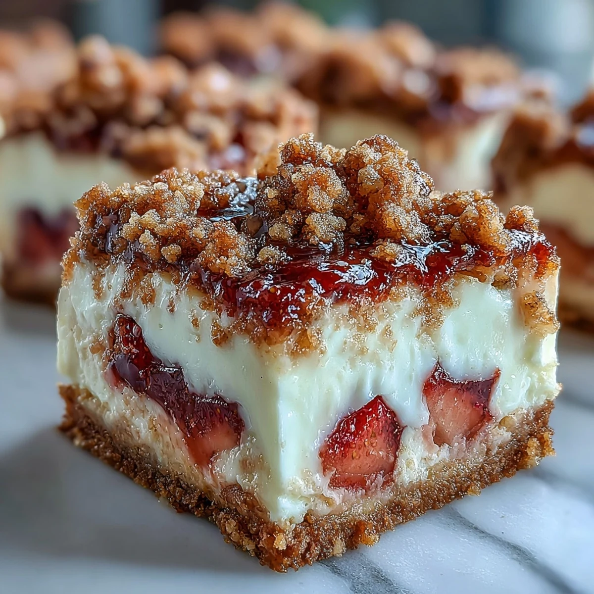 Sliced Strawberry Cheesecake Bars on a rustic plate, ready to serve with a dollop of whipped cream.
