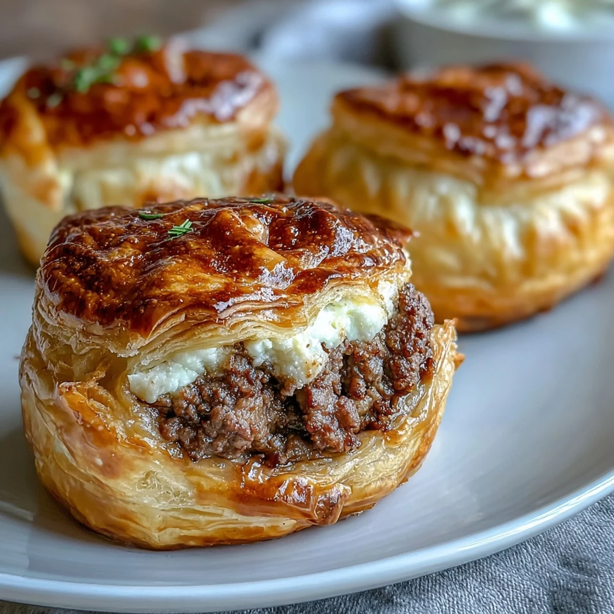 Golden-brown Mini Beef Tourtières with flaky cream cheese pastry are displayed on a rustic wooden board.