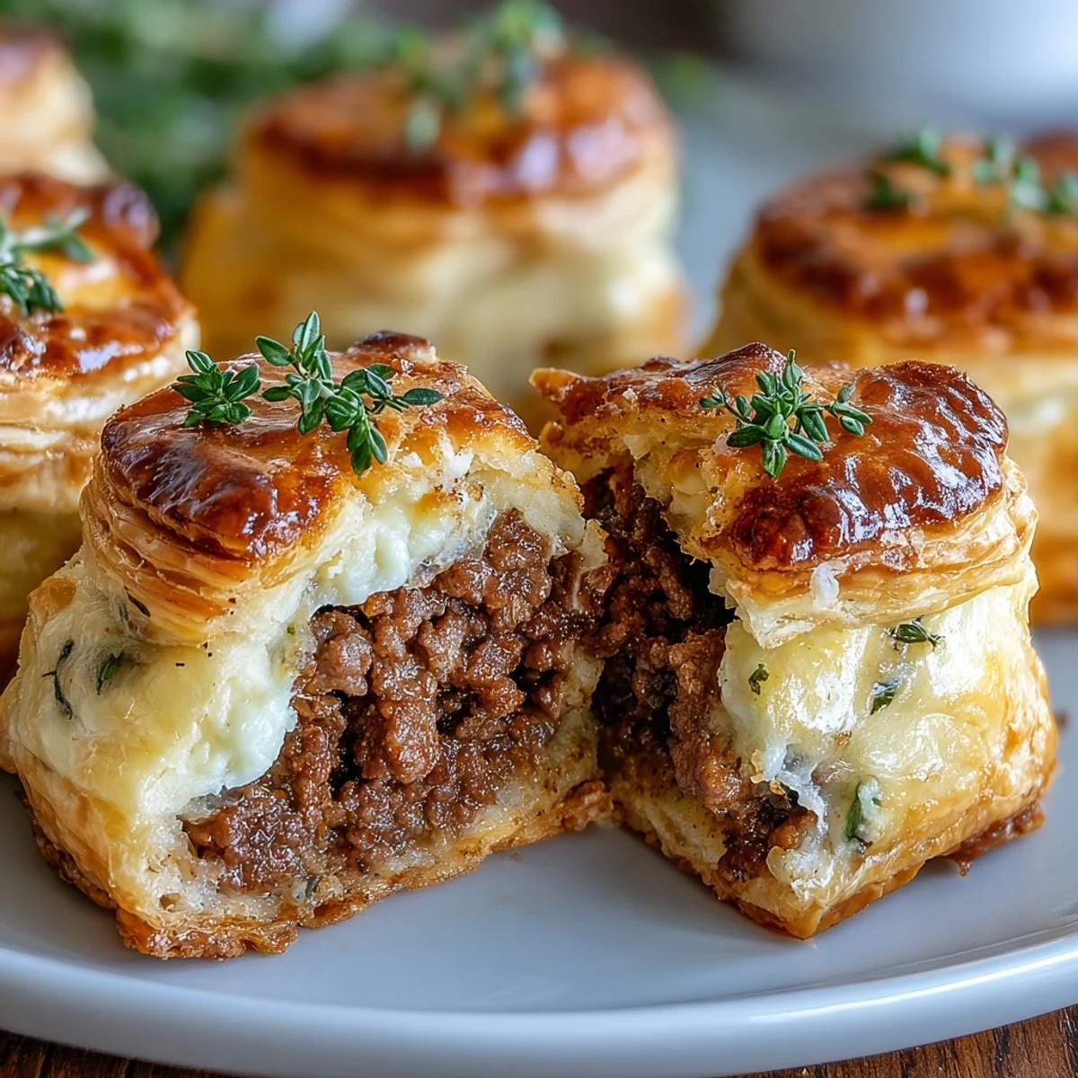 Close-up view reveals the flaky crust and spiced ground beef filling inside Mini Beef Tourtières.