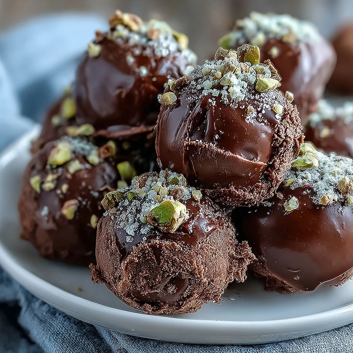 Freshly rolled Chocolate Truffles coated in cocoa powder, with a glossy, melt-in-your-mouth ganache center.