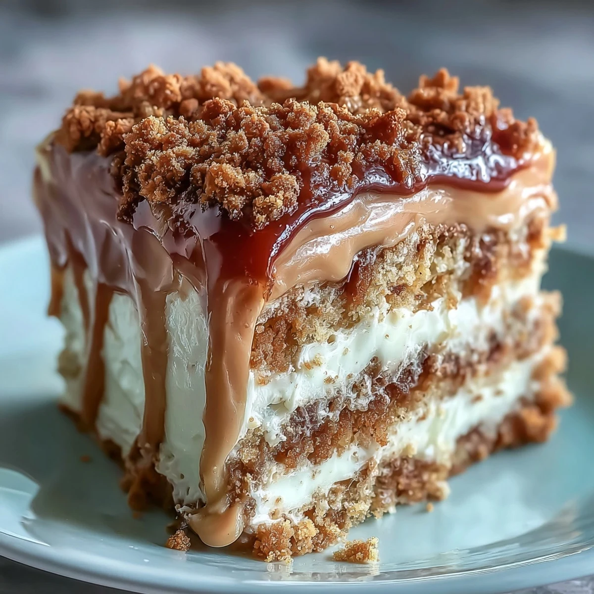 A freshly sliced wedge of Decadent Baked Biscoff Cake with Creamy Lotus Frosting, showcasing crumbly cookie bits in the tender vanilla sponge.