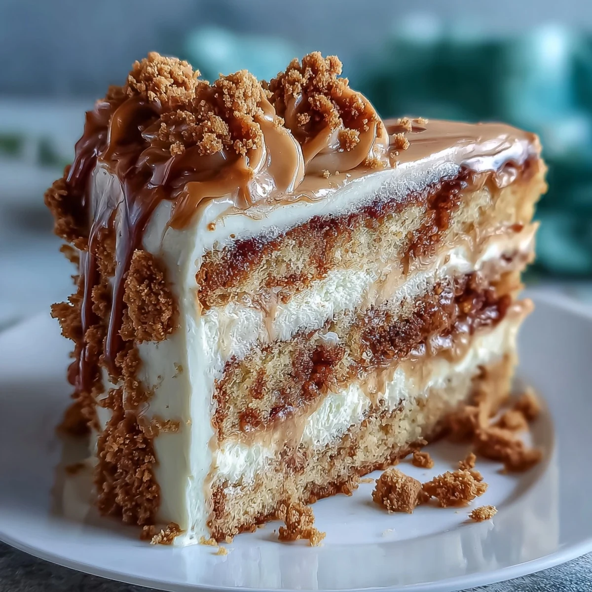 A close-up of the Decadent Baked Biscoff Cake with Creamy Lotus Frosting, featuring a rich, whipped caramel frosting topped with crunchy biscuit crumbs.