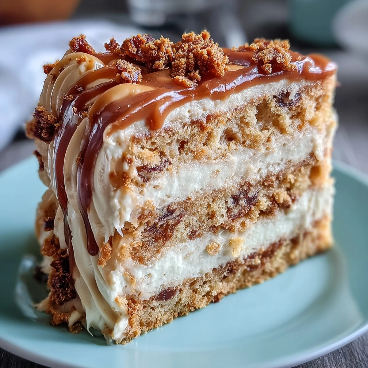 Overhead view of a plated Decadent Baked Biscoff Cake with Creamy Lotus Frosting, drizzled with extra spread and perfect for afternoon coffee.