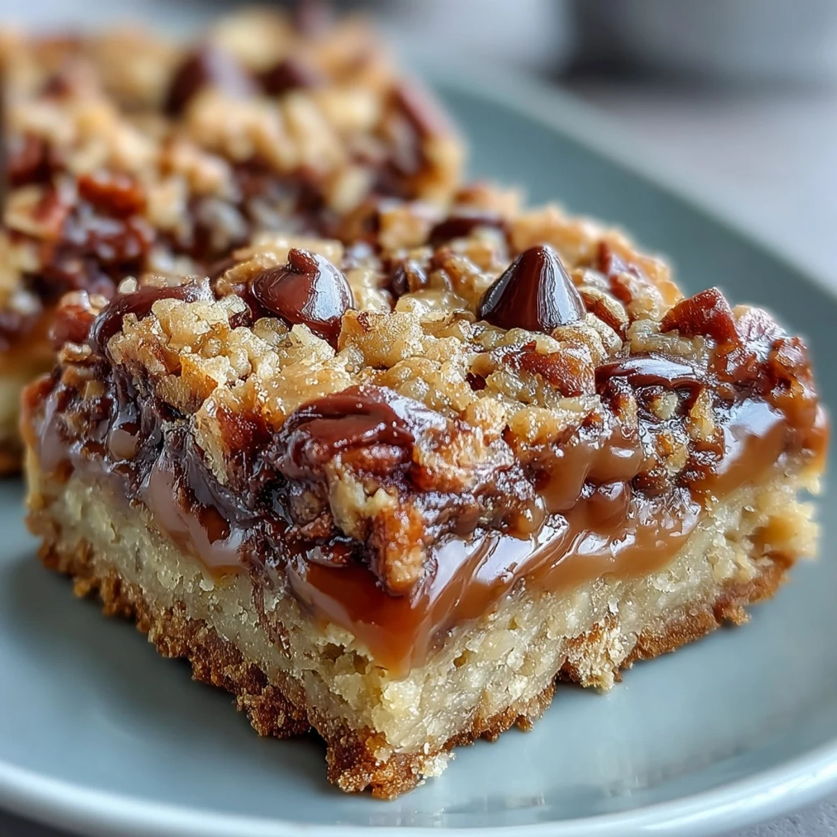 A close-up of golden-brown Decadent Sweet and Chewy Turtle Bars with chocolate pools and caramel swirls on a rustic wooden board.