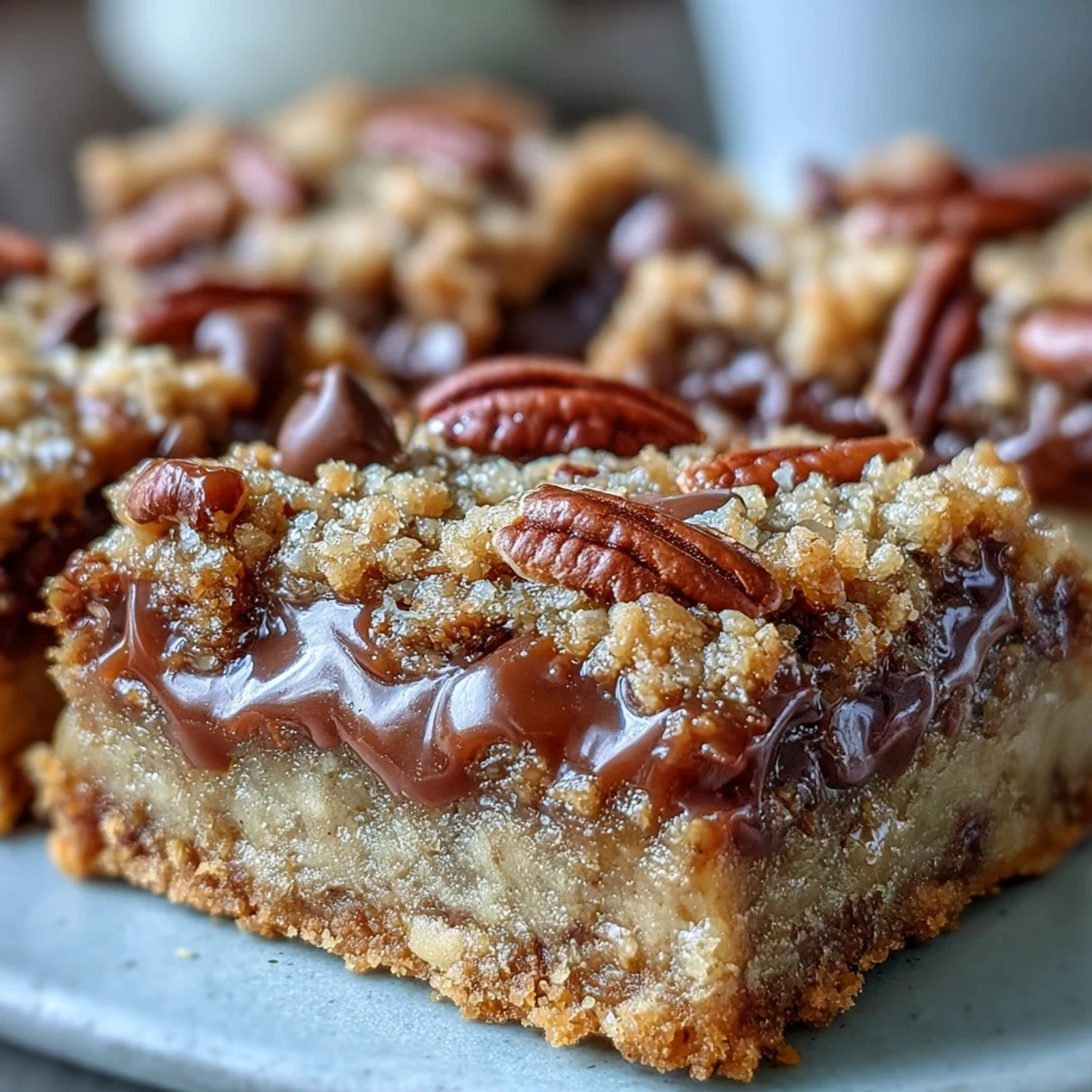 These layered turtle bars feature toasted oats, melted chocolate, and rich caramel, perfect for a sweet dessert treat on a marble counter.