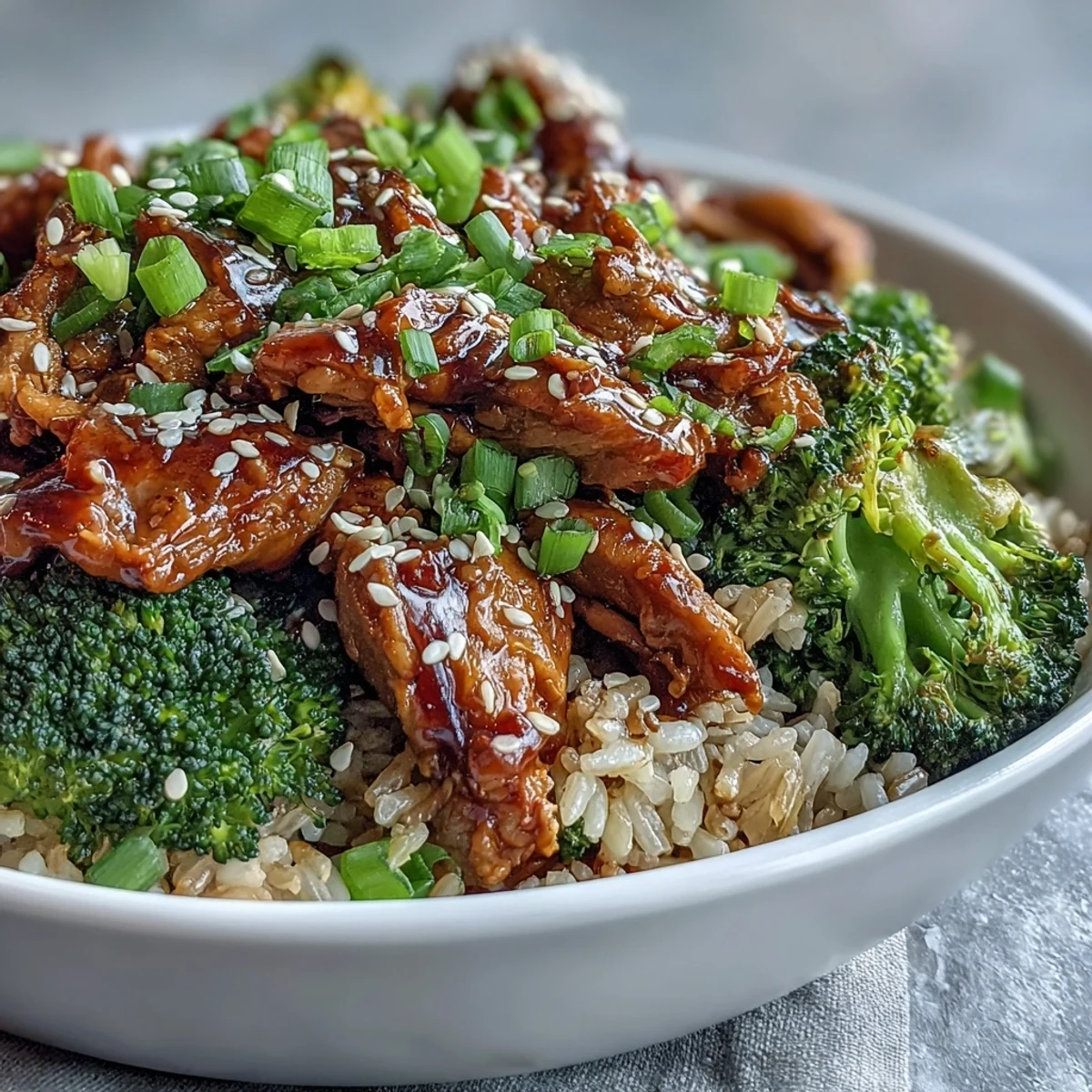 Overhead view of a serving of Sweet and Spicy Turkey Broccoli Bowls, topped with fresh green onions and sesame seeds for added texture and flavor.