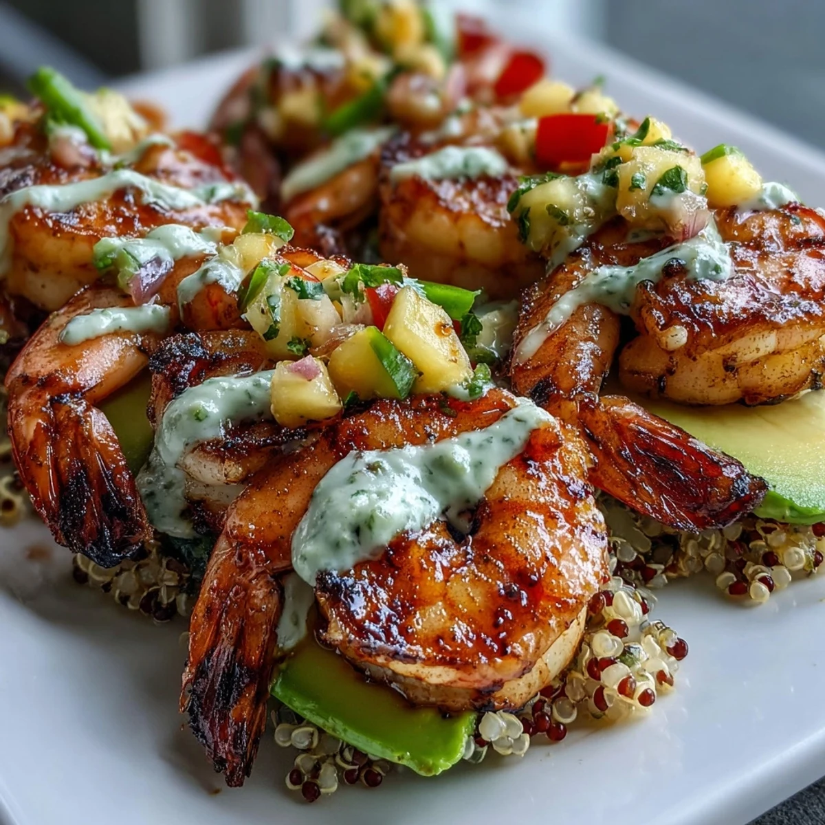 Grilled shrimp and avocado bowls topped with zesty mango salsa and a drizzle of lime chili sauce, served over nutty quinoa for a vibrant weeknight dinner.