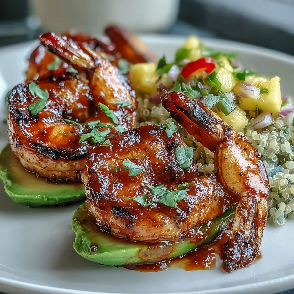 A colorful bowl of fresh quinoa, juicy grilled shrimp, and ripe avocado, finished with crunchy mango salsa and a spicy lime chili sauce for serving.