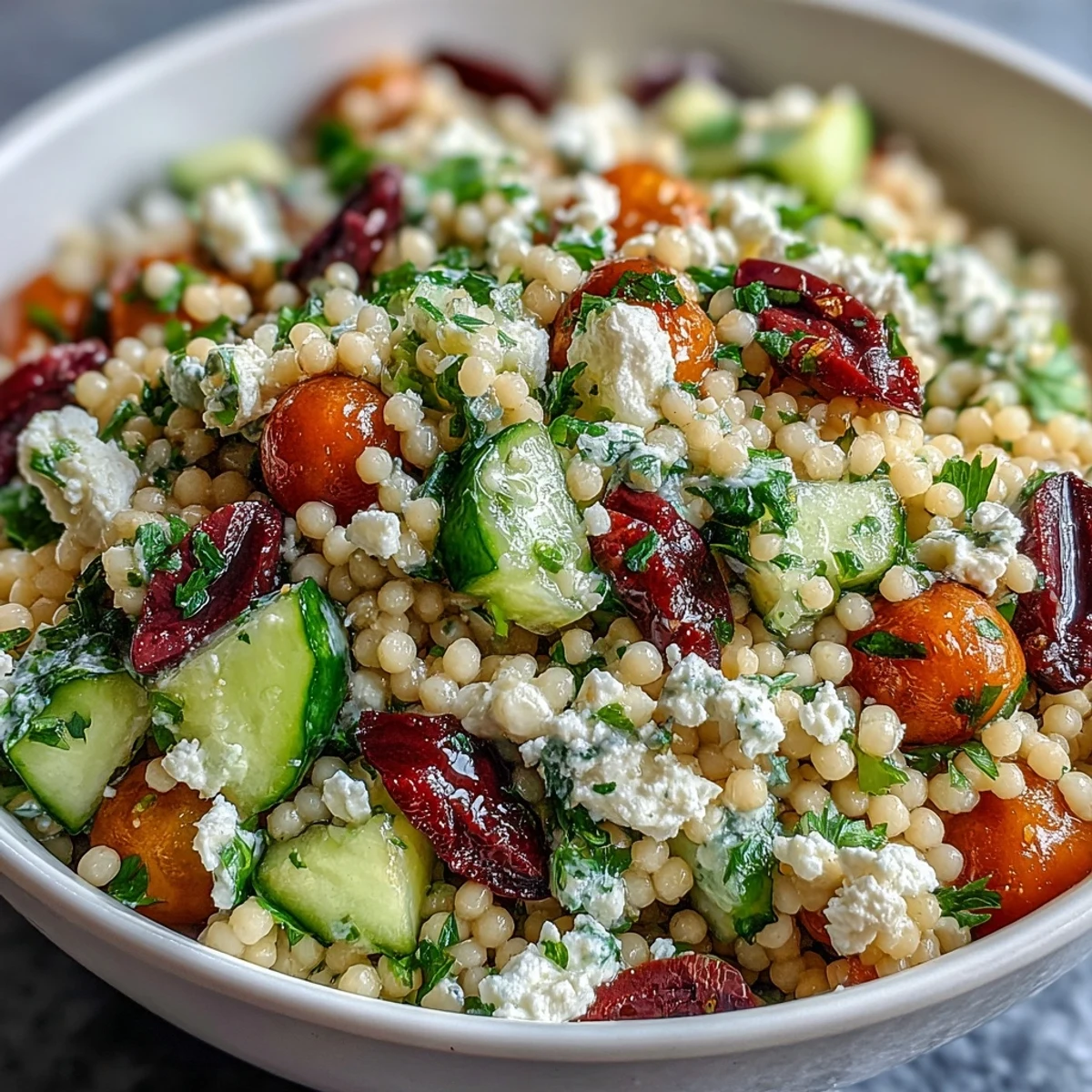 A bowl of Mediterranean Pearl Couscous salad with colorful diced vegetables, briny olives, crumbled feta, and fresh parsley.