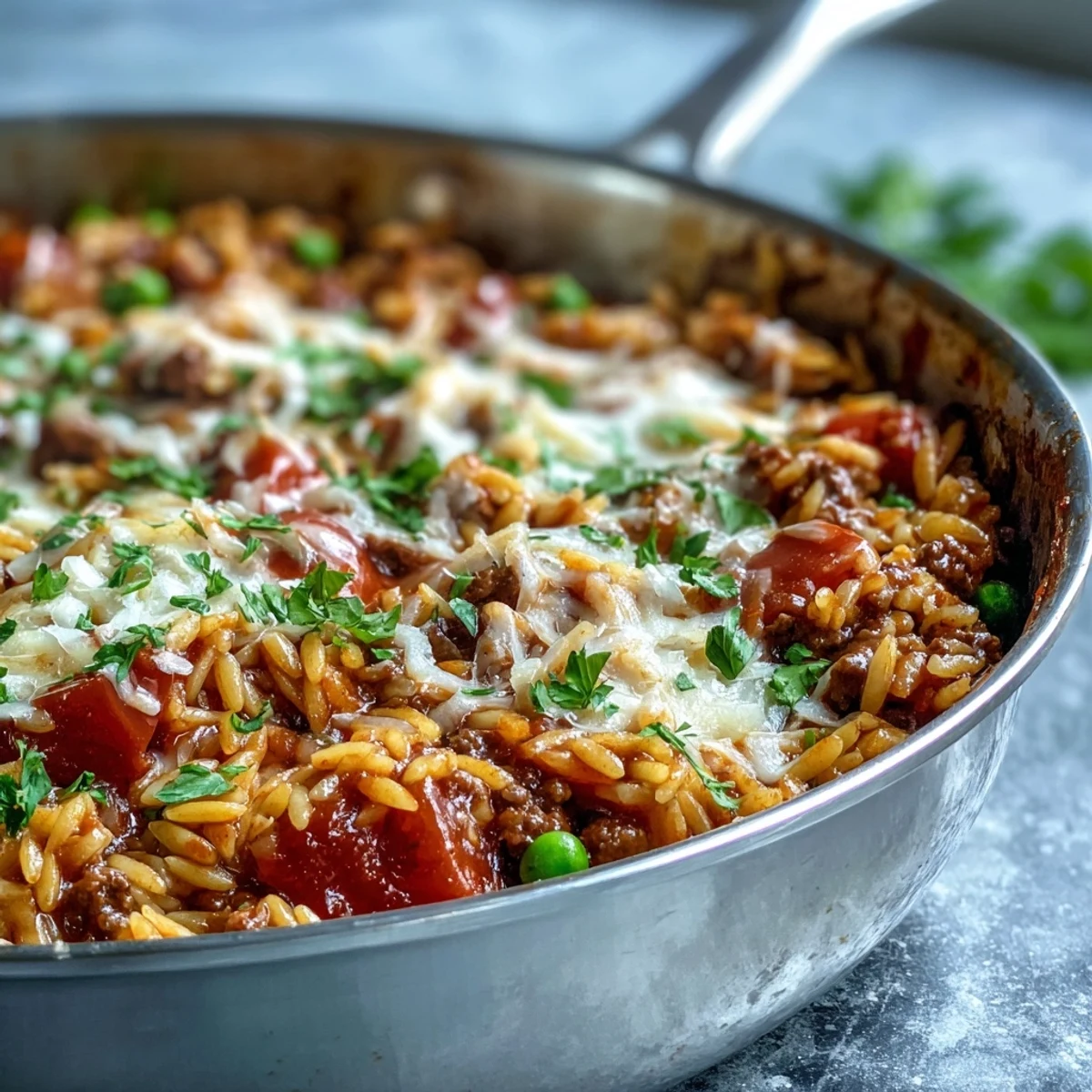 Golden Parmesan cheese melts over a steaming skillet of comforting ground beef orzo, dotted with vibrant red bell peppers and tender peas.