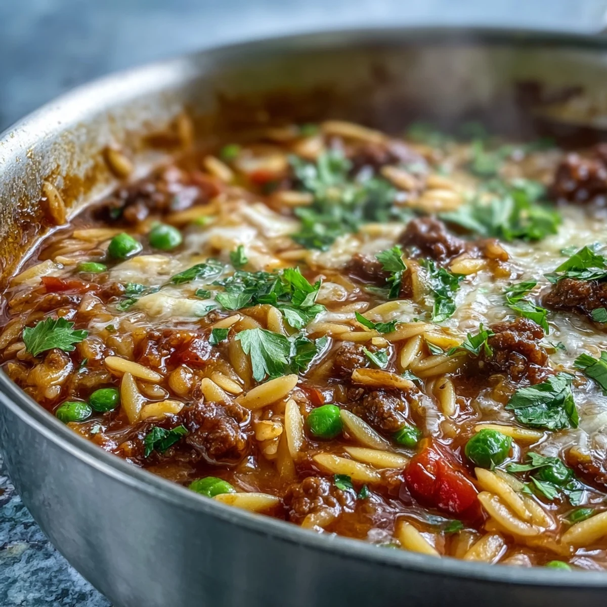 Savory ground beef and orzo simmer together in a rich tomato broth, featuring melted Parmesan and fresh herbs for a cozy meal.