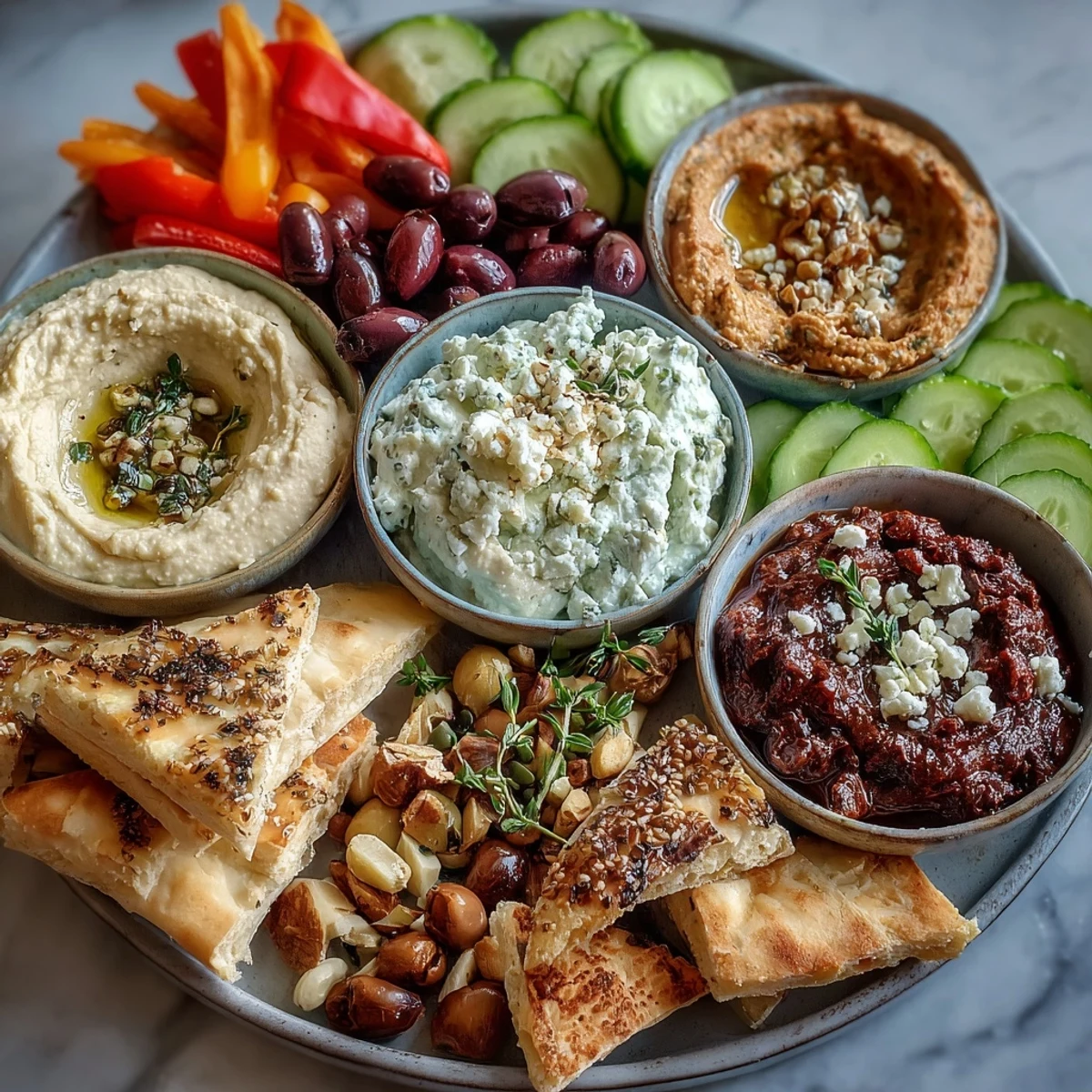 Inviting Mediterranean brunch board spread with crisp cucumbers, bell peppers, and warm pita bread slices.
