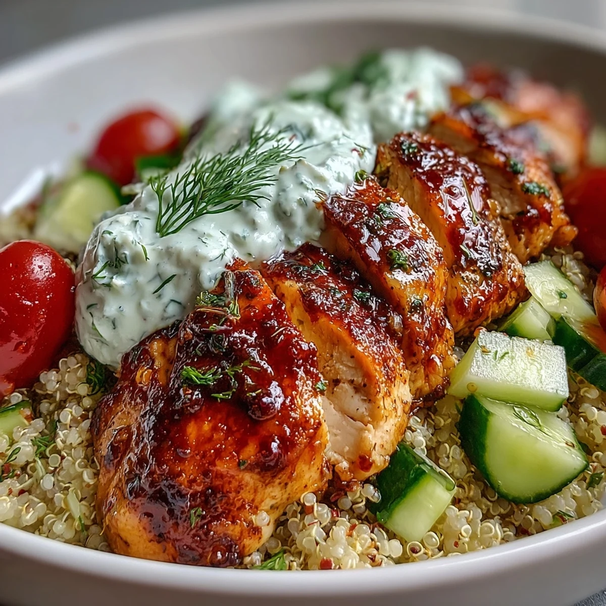 A vibrant Greek Chicken Power Bowl with sliced lemon-herb chicken over quinoa and fresh veggies.
