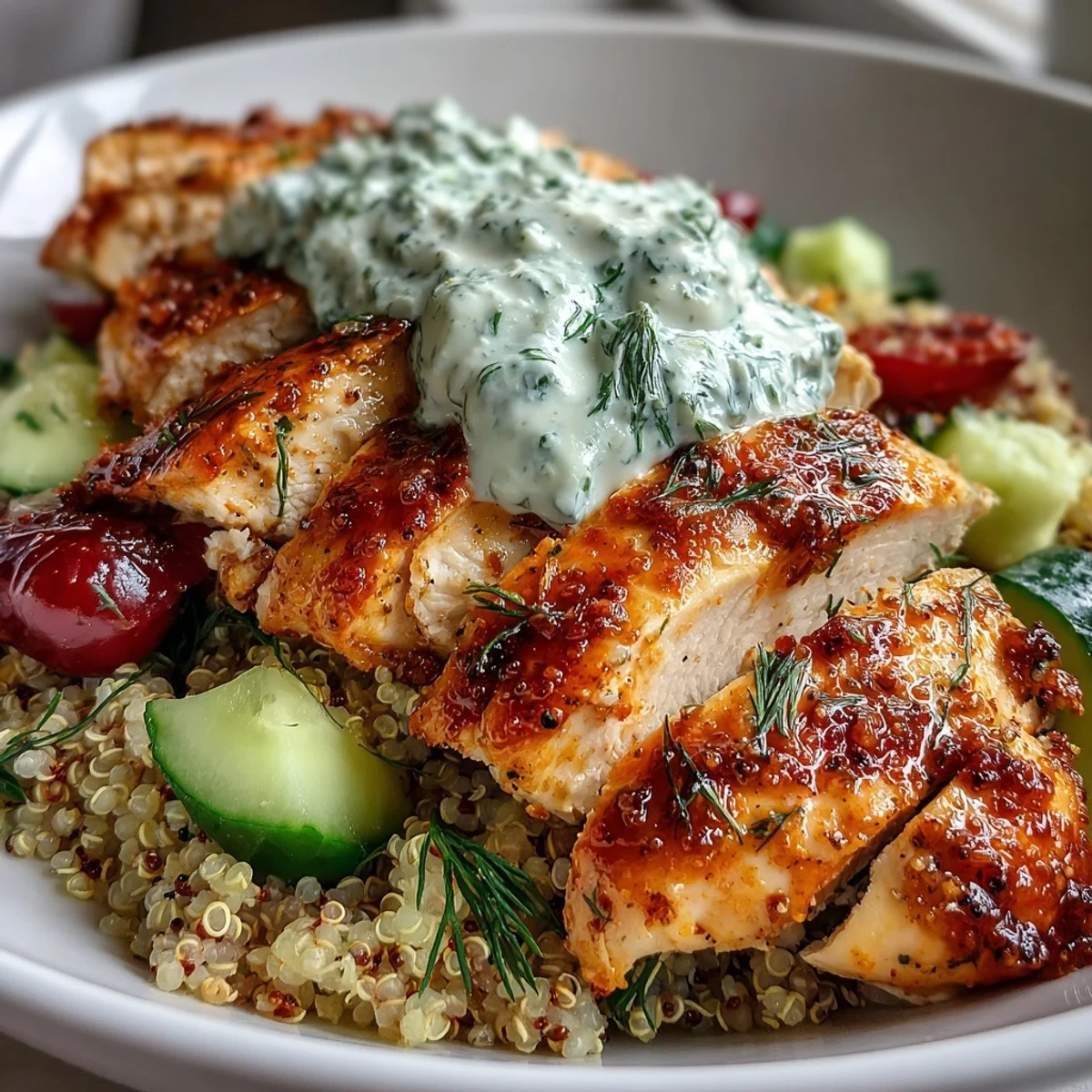 Close-up of a hearty Greek Chicken Power Bowl with fluffy quinoa and juicy grilled chicken.