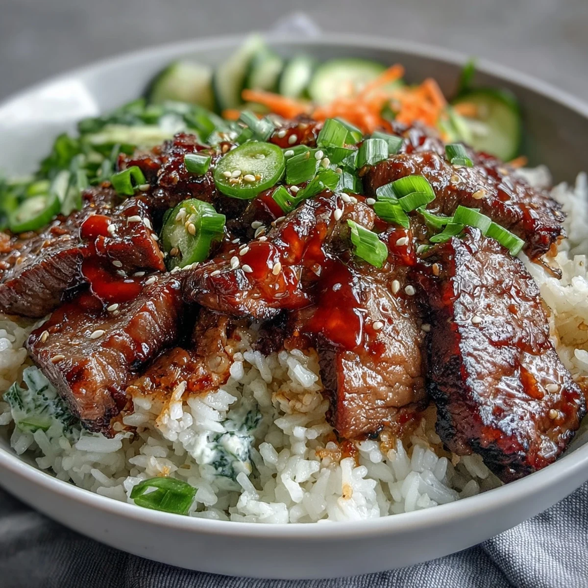 Sizzling Korean Beef Power Bowl with marinated beef, rice, pickled carrots, and creamy sriracha mayo.