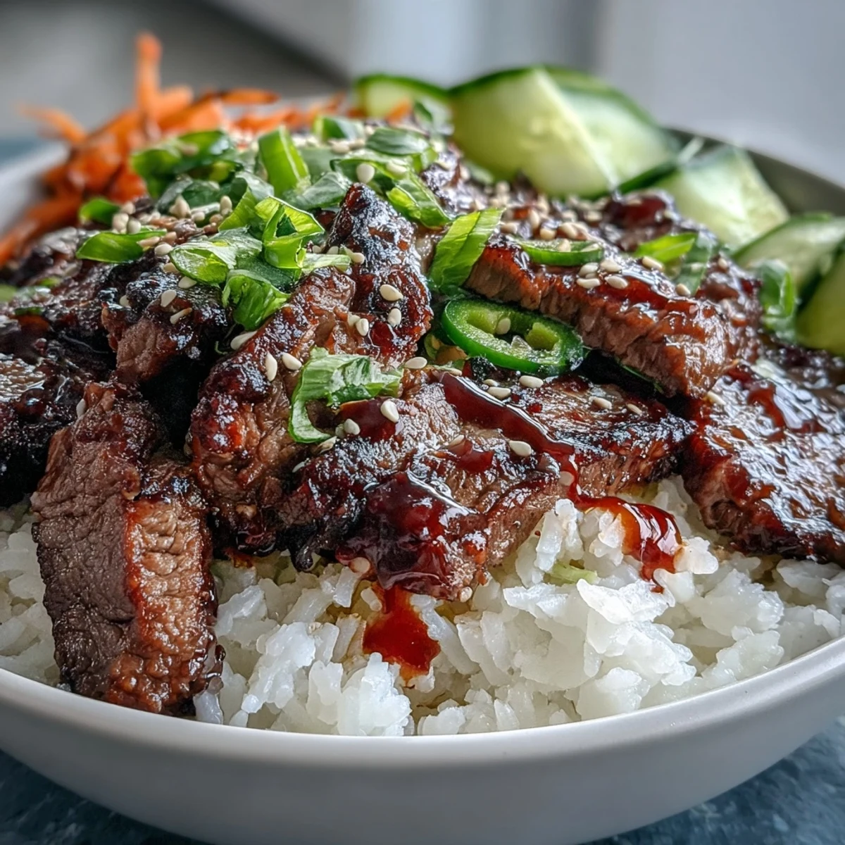 Colorful Korean Beef Power Bowl topped with cucumbers, jalapeños, sesame seeds, and green onions.