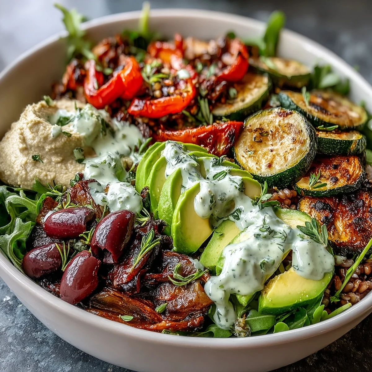 Freshly roasted Mediterranean vegetables over crisp mixed greens with chickpeas and avocado in a Vegan Mediterranean Buddha Bowl.