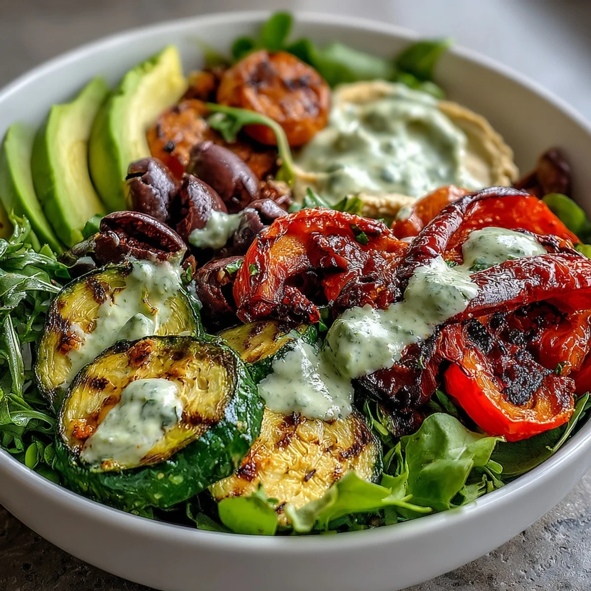 A hearty, gluten-free Vegan Mediterranean Buddha Bowl with roasted veggies, chickpeas, avocado, and a drizzle of lemony tahini sauce.