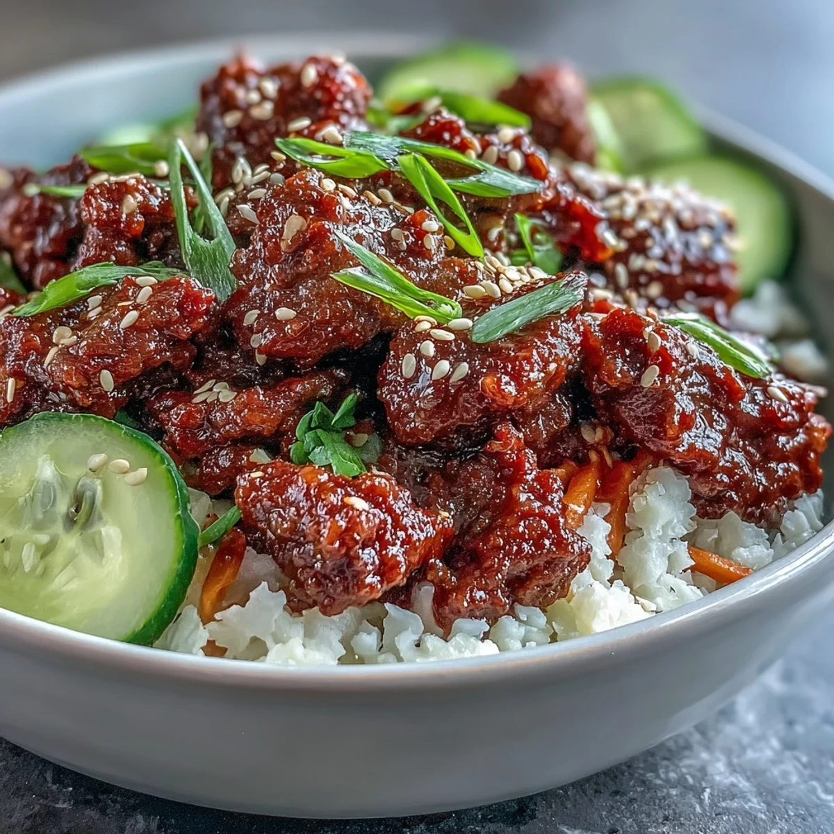 Sizzling Easy Korean Beef Bowl with ground beef simmering in a spicy gochujang sauce, topped with fresh carrots and green onions.