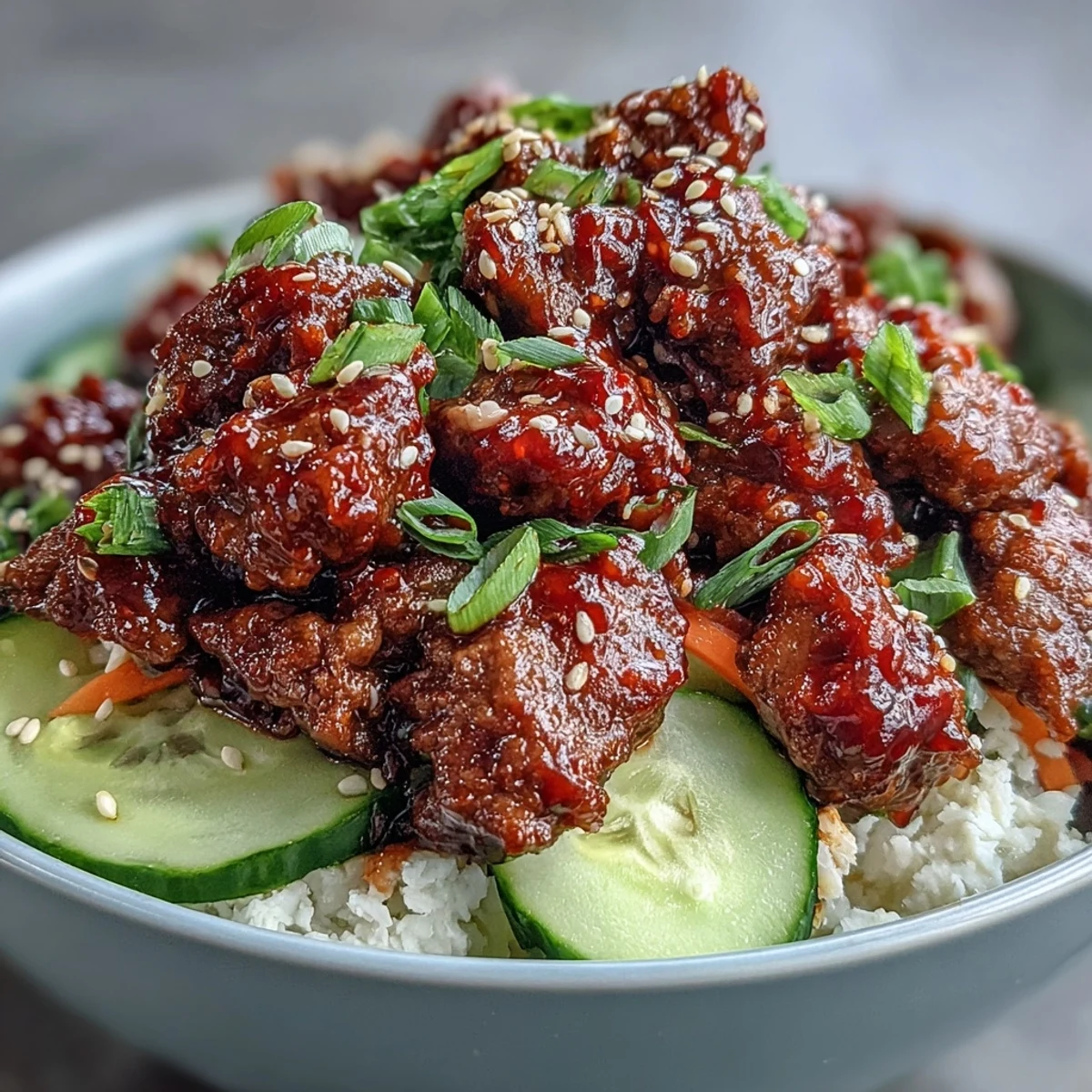 Easy Korean Beef Bowl with low-carb cauliflower rice, featuring vibrant julienned carrots, spicy beef, and optional kimchi for extra kick.