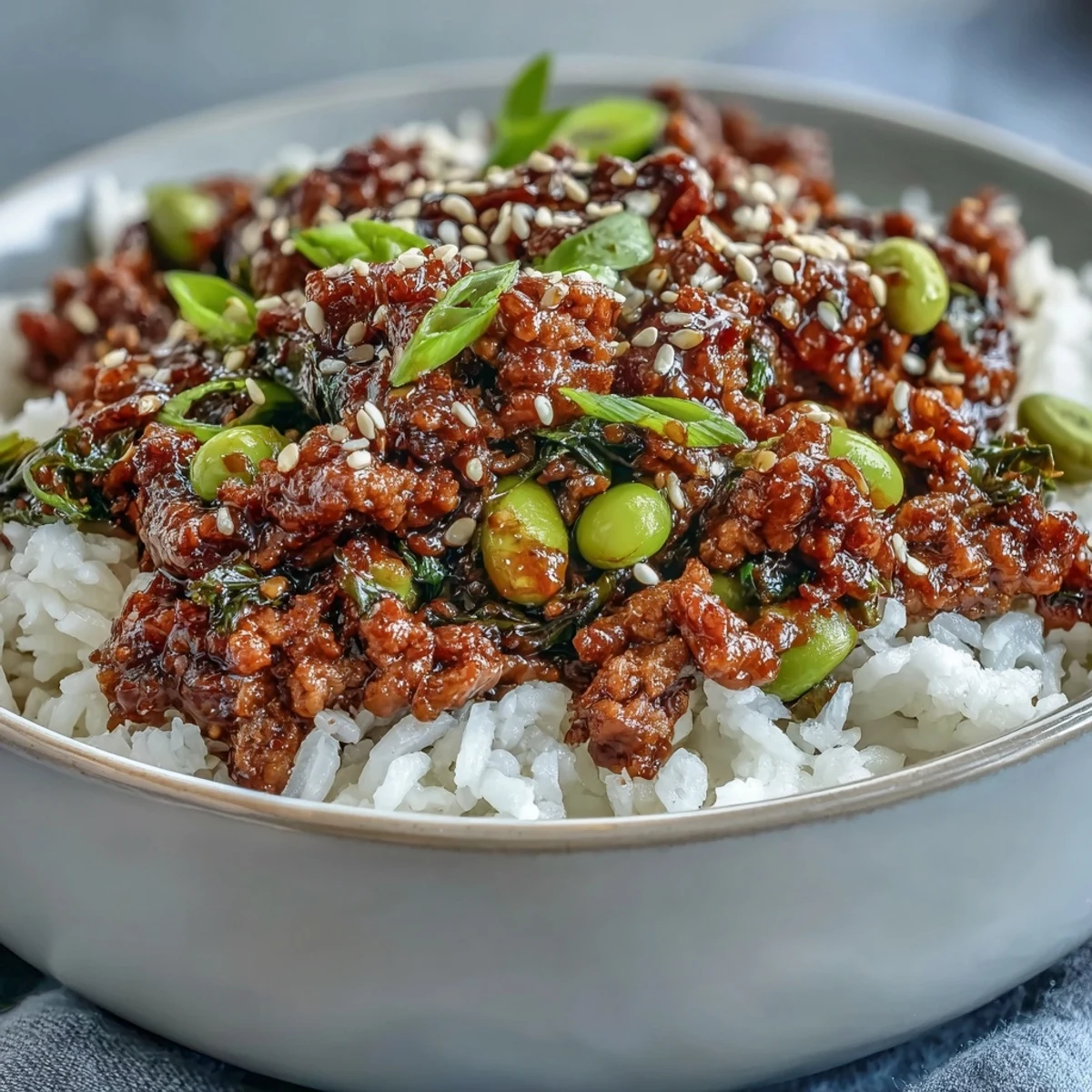 Vibrant Korean Ground Beef Bowl ready to eat, topped with crunchy kimchi and sesame seeds on a bed of rice.