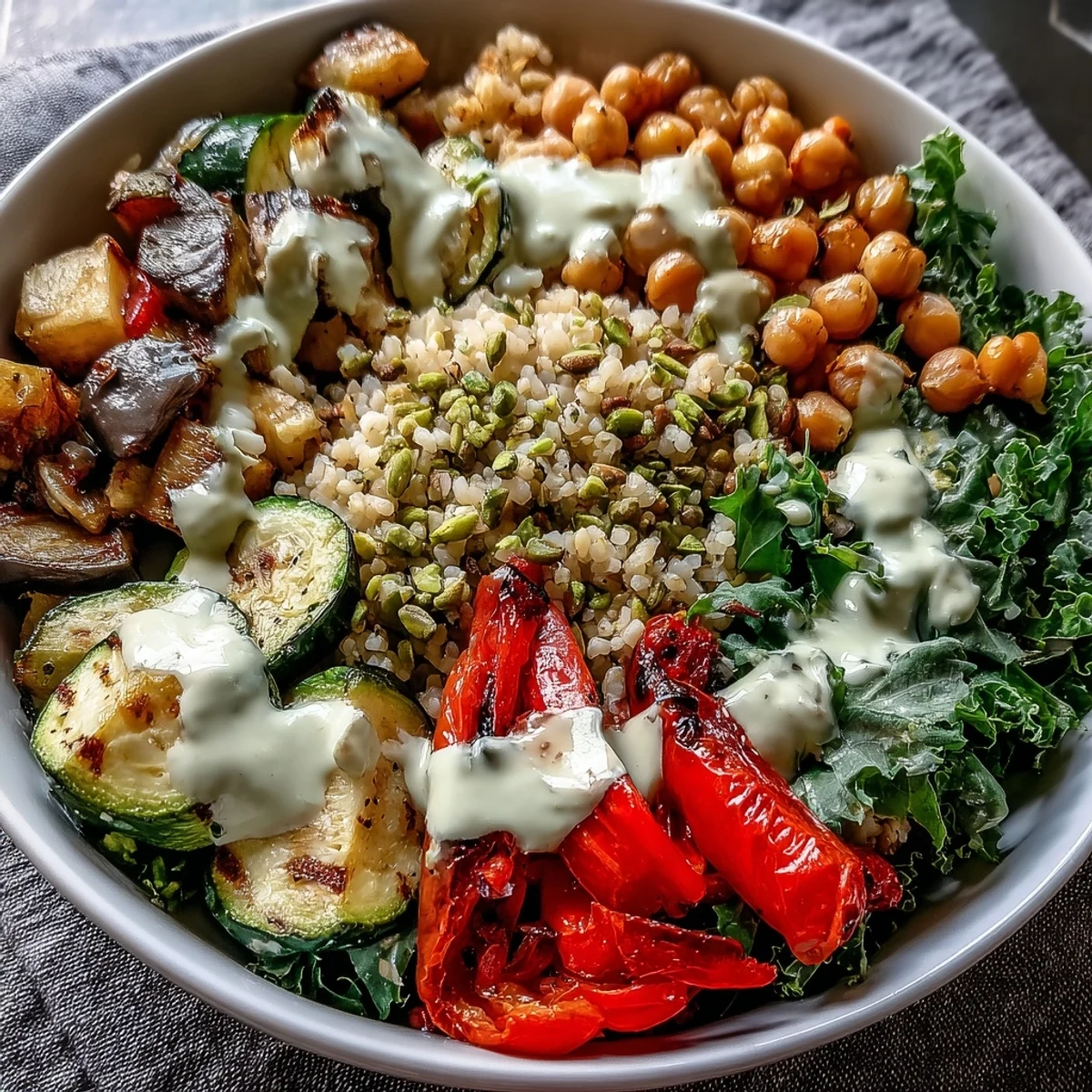 Freshly roasted eggplant and zucchini add smoky depth to a vibrant Mediterranean Buddha Bowl Meal Prep served with creamy tahini dressing.