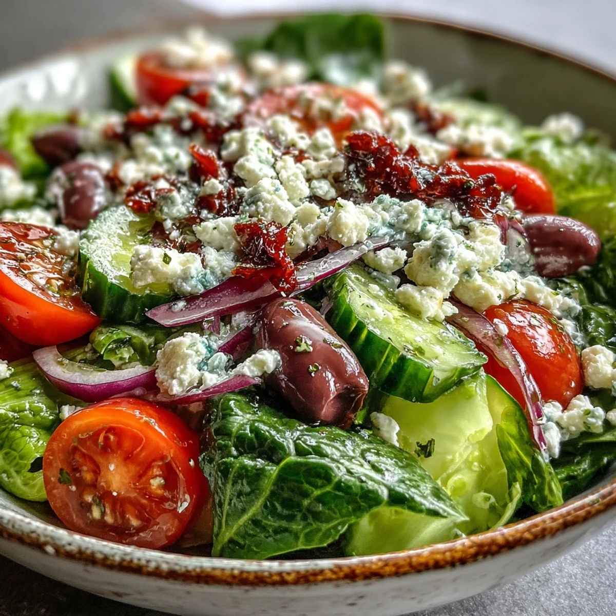 Crisp romaine lettuce with feta, olives, and tomatoes in a Greek Salad Bowl