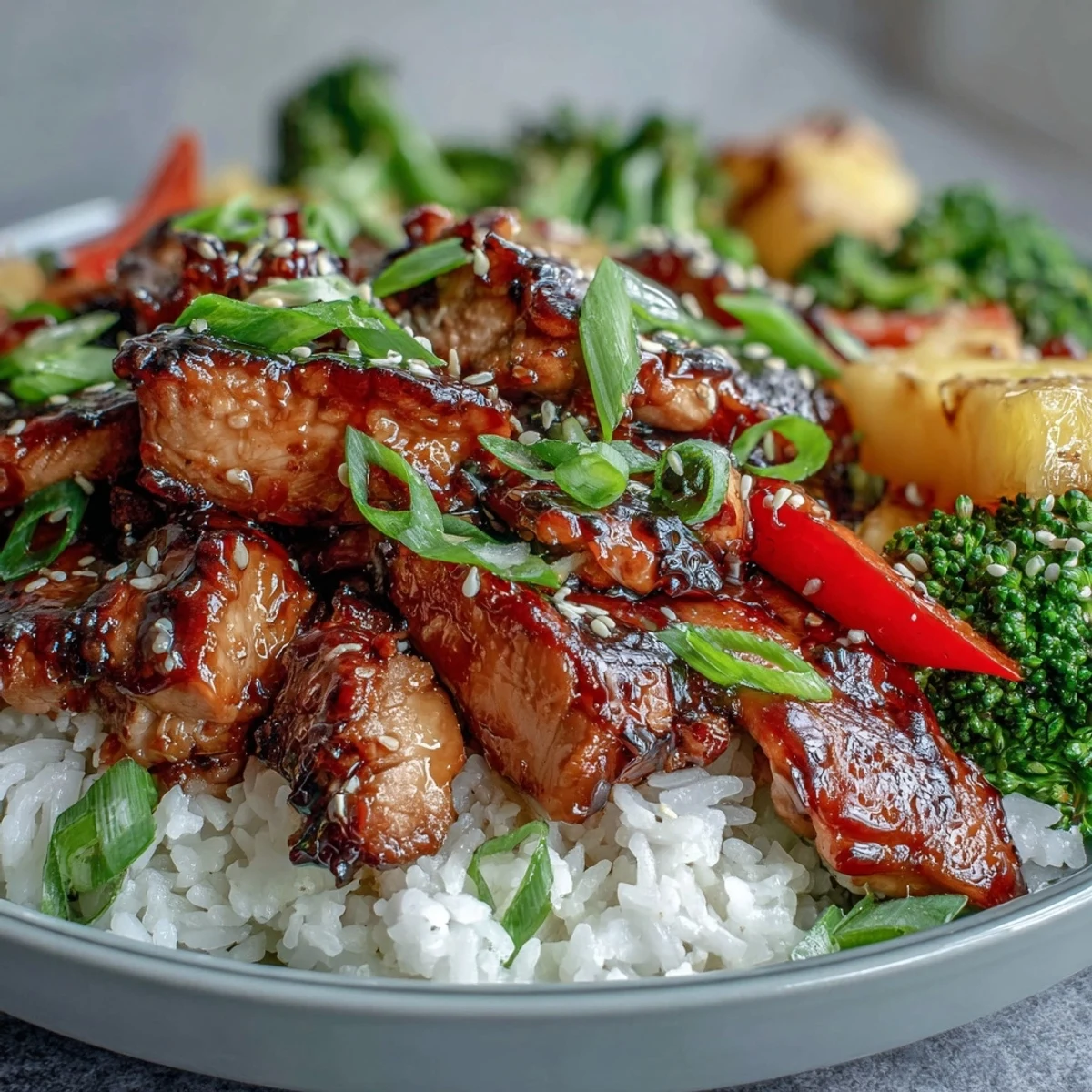 Bright teriyaki chicken and rice bowl with pineapple and sesame seeds, served on a white plate.
